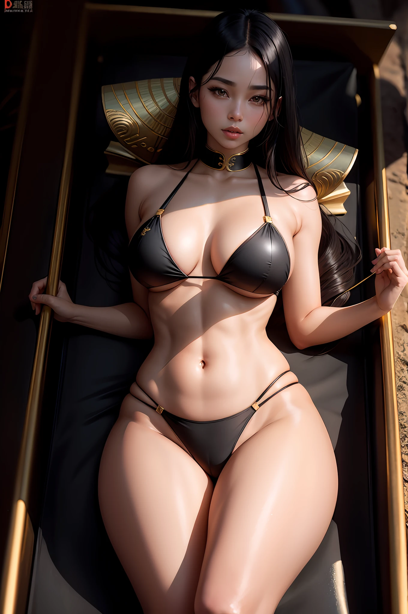 Woman in black egypt bikini lying on a sarcophagus, sem vida, olhar vazio, sensual 8K lighting, Cinematic Goddess Body Shot, Deusa japonesa, corpo sexy, mulher sensual, corpo sensual com barriga sexy, asian nymph bald goddess, long curvy black hair, wlop pele brilhante, corpo quente sexy, translucent body, gorgeous chinese model, foto retrato suave 8 k