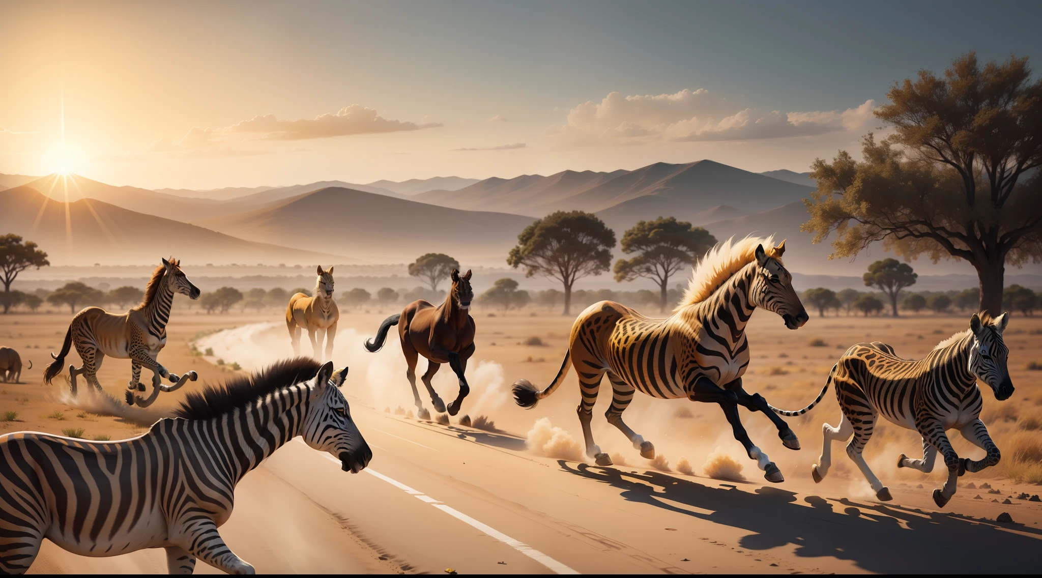 African land,Earthy yellow sky,The setting sun reflects the earth,There are dead trees in the distance,Gobi on both sides,(A frontal running lion is chasing behind),(A zebra on the left side of the front),(A leopard on the right),Dynamic exaggeration,Kick up dust,The overall style is earthy yellow tones,High pixel,Realistic painting style,Photorealistic photography, digital art animal photo, amazing cgi, realistic paleoart, author:Joop Sanders, Surreal hybrid animals, animals running along, 3d animals, artistation render, CGI Art, (8 k ultra realistic animal), rendered in keyshot