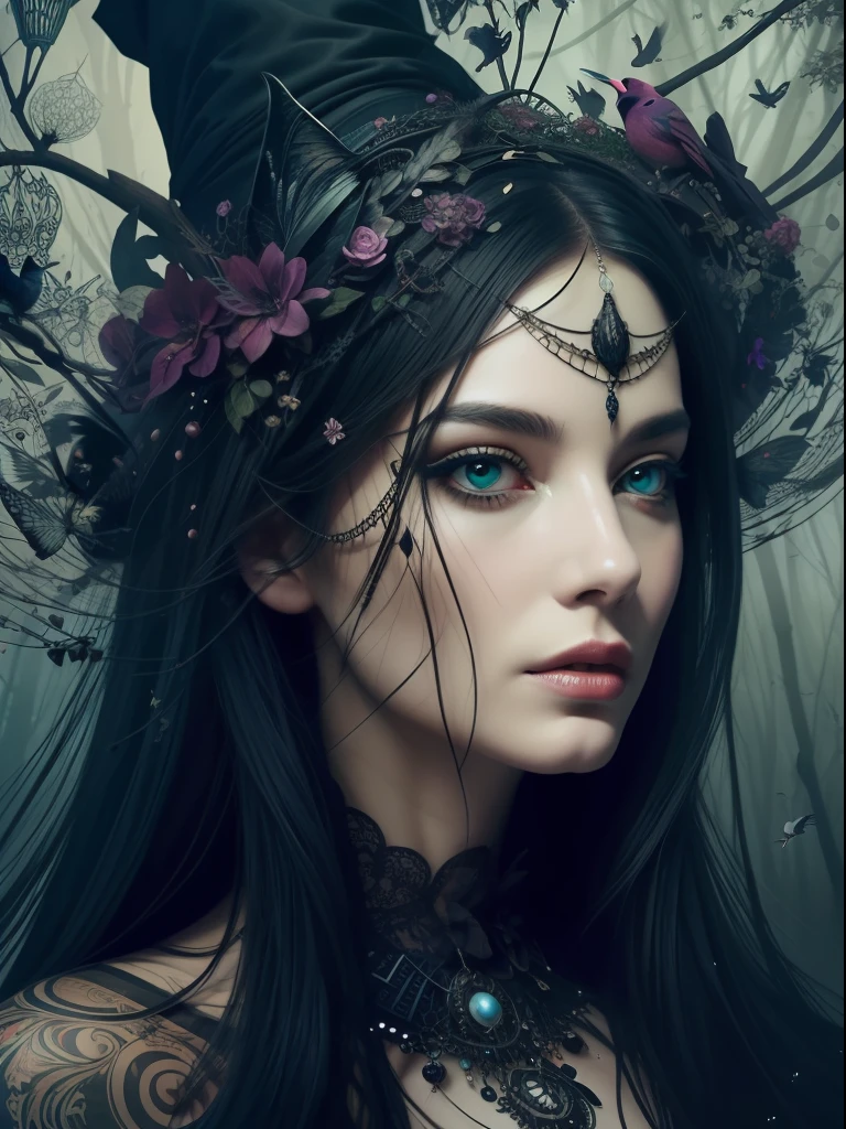 Surreal Witchcraft: An abstract character portrait of a master beautiful and fascinating witch, with her face surrounded by intricate dark flowers, birds and other surreal elements, by Russ Mills