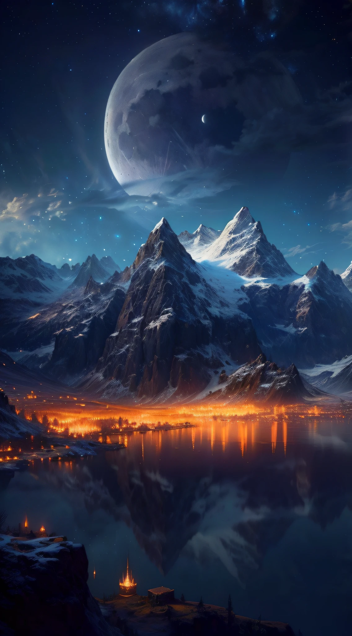 mountains and a lake with a moon in the sky, 4k highly detailed digital art, 4 k hd wallpaper very detailed, impressive fantasy landscape, sci-fi fantasy desktop wallpaper, unreal engine 4k wallpaper, 4k detailed digital art, sci-fi fantasy wallpaper, epic dreamlike fantasy landscape, 4k hd matte digital painting, 8k stunning artwork