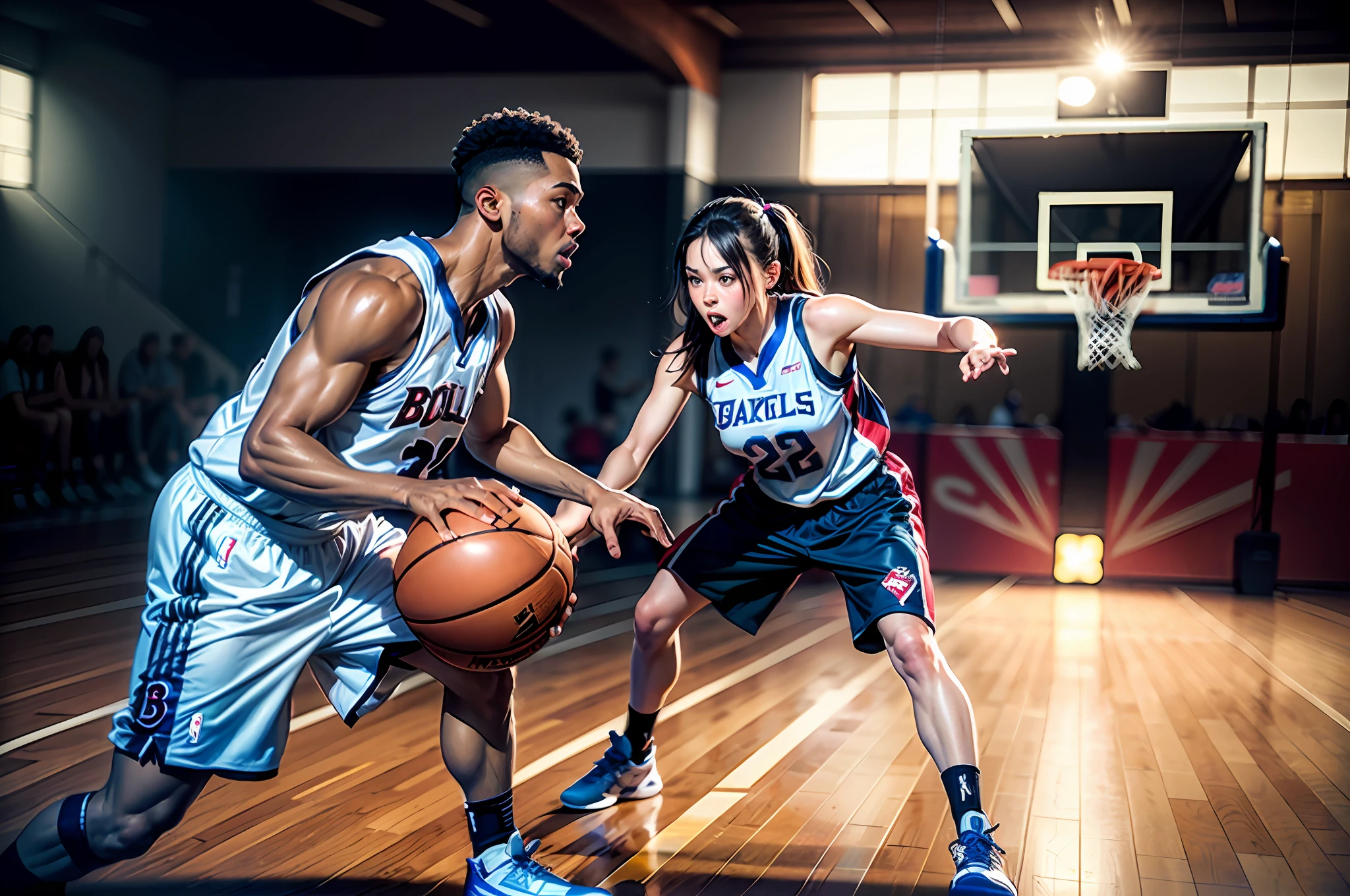 (Full Body Shot:1.3), Bokeh:1.2, Dynamic Angle, ((Professional Basketball field)), Cheering Audience, 1 Basketball, 
2girls , 22 year old girl playing basketball a defending girl tires to block her, Fit, Black hair, pony-tail, Basketball Uniform, sparkly skin, Wet hair,
(Detailed face:1.2), (Raw foto, Best Quality, Masterpiece:1.2), (realisitic, Realistis:1.37), Professional Lighting,