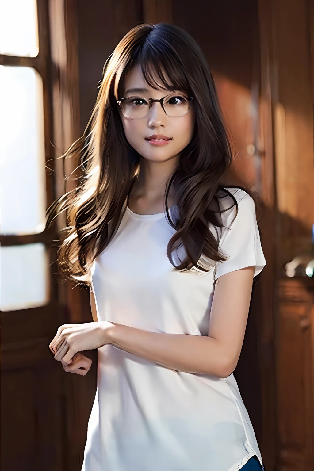 (8k、RAW Photography、top-quality、masterpiece:1.2)、(realisitic、Photorealsitic:1.37)、超A high resolution、女の子1人、see the beholder、beautifull detailed face、a smile、(slim waist) :1.3)、The shirt、Skin texture、floated hair、eye glasses