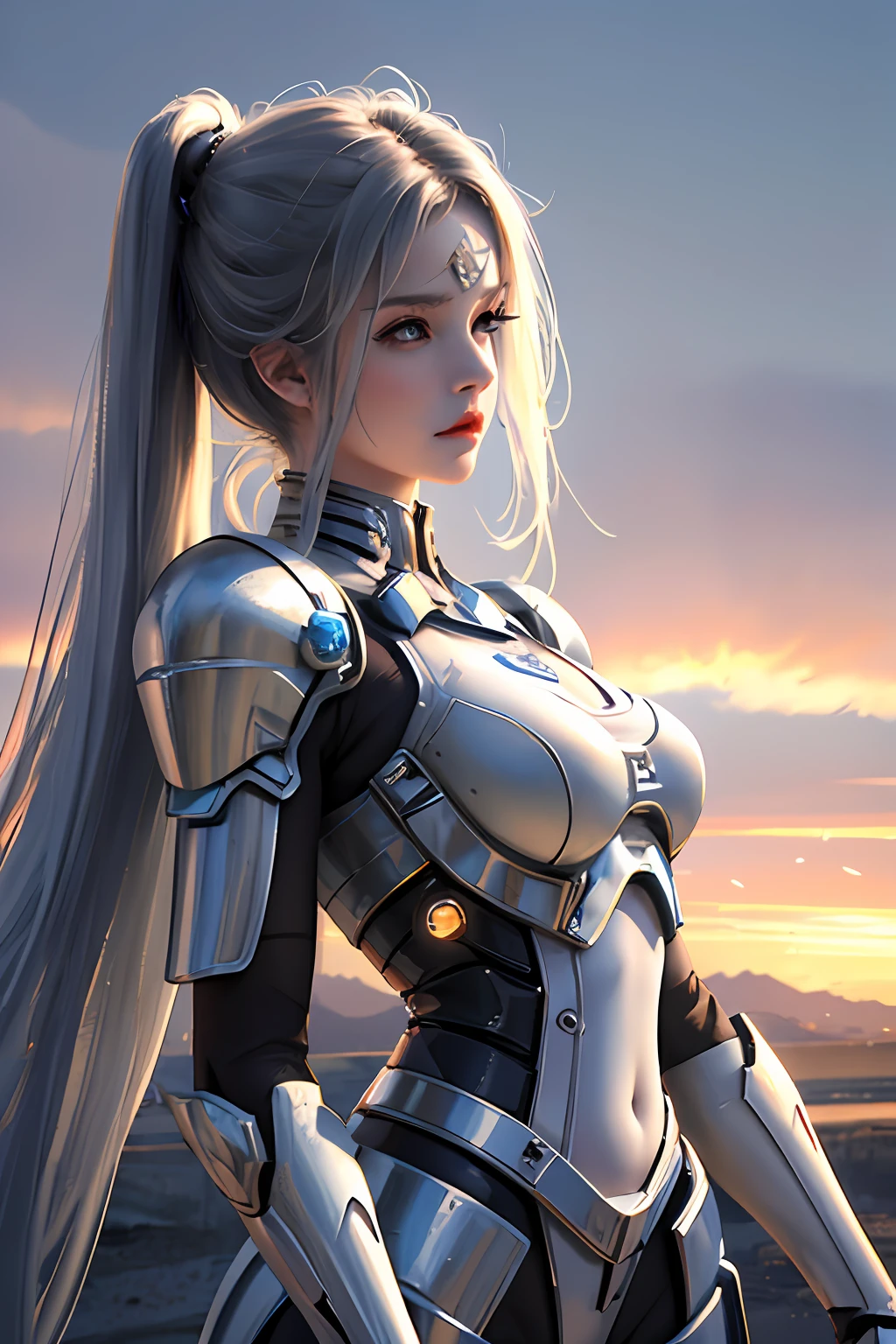 (masterpiece), (best quality), 1girl, beautiful girl, female warrior, battle field, white armor, exoskeleton, mecha, mechanical armor, blue eyes, cinematic light