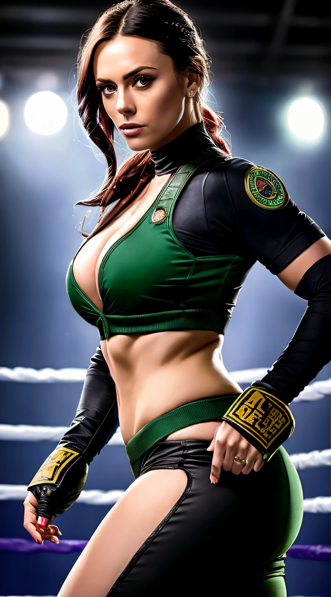 ((uma mulher)), ((com traje de Sonya Blade de Mortal Kombat 2)), (inspirada em Jessica McNamee:1.2), in a ring fight scenario, foto de corpo inteiro, Photo taken from low angle to top, foco nítido, soft-lighting, melhor qualidade, 8k UHD, DSLR, grain of film, (fotorrealista:1.2)