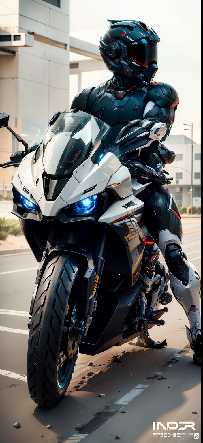 Handsome network, Handsome warrior, Full body mecha,Information mechanical motorcycle,High-tech black high-tech helmet,Nousr, Biomechanicals, MSHN Robot Man,High-tech helmet,hyper realisitc, Steel, Complex design, insanely details, finely detailled, Extremely clear lines, cinmatic lighting, photograph realistic, A detailed masterpiece