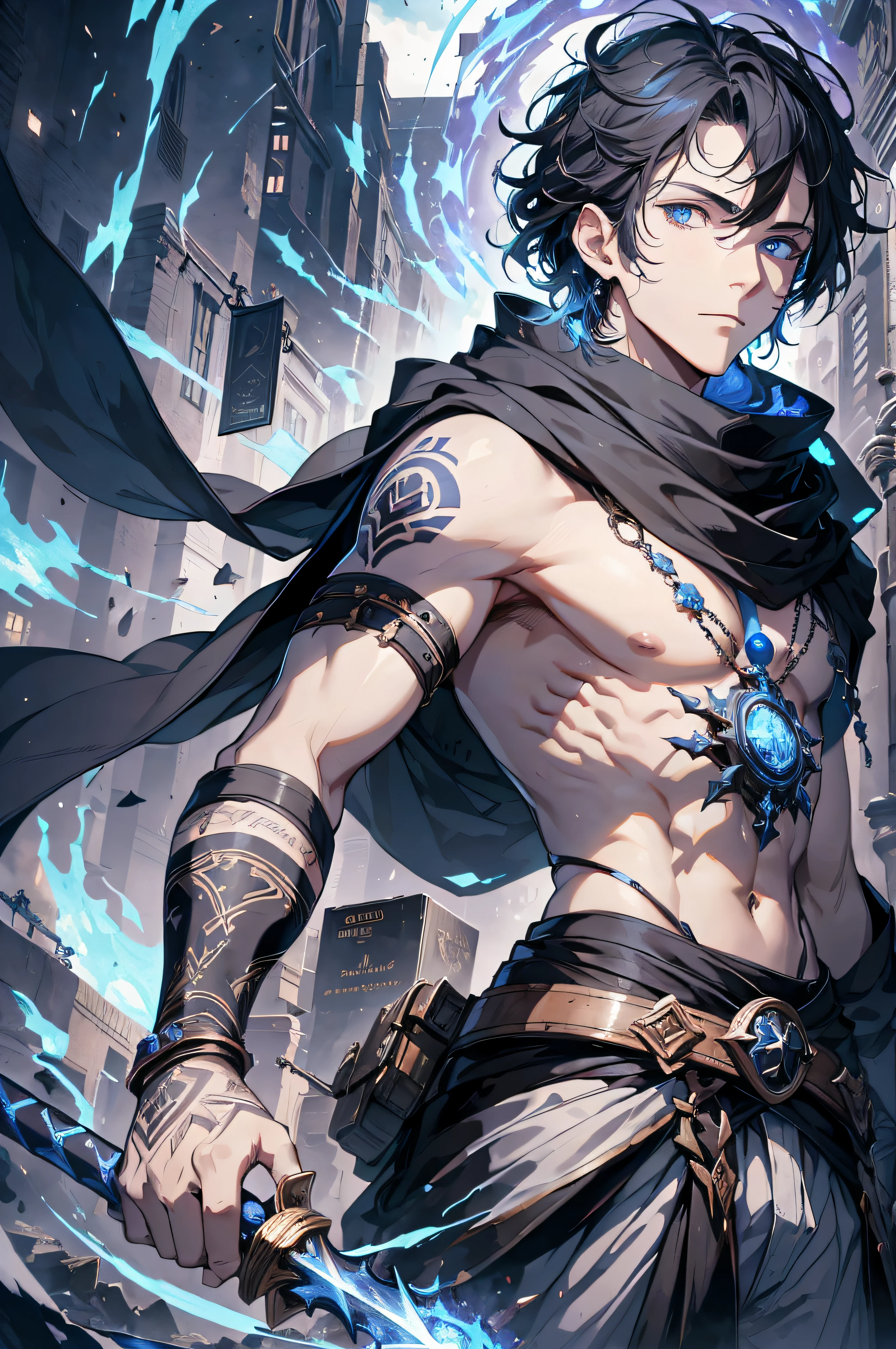 (absurdres, highres, ultra detailed), masterpiece, best quality, real light and shadow, solo, a boy with black hair, white sleeveless outfits, handsome, finely eye, detailed face, detailed eye, black scarf, two swords, dual-swords, a swords surround by blue flame, tattoo, from below, look down, ruined city, dark background, swirl, spark, cowboy shot, BREAK, blue eyes,