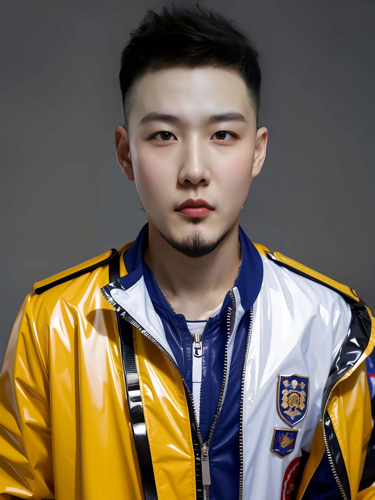 A Chinese male high school student,Wearing PVC Japanese high school uniform,There are zippers