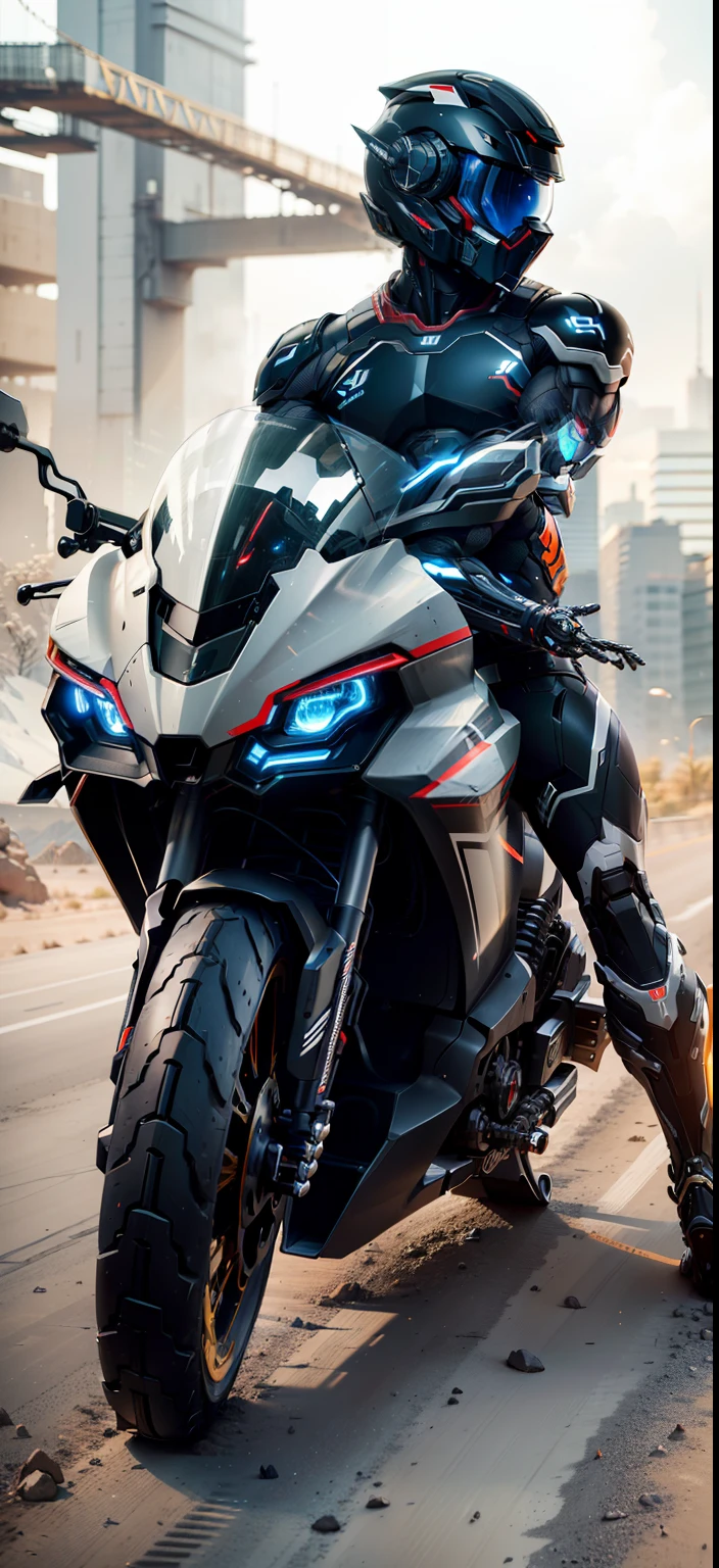 Handsome network, Handsome warrior, Full body mecha，Information mechanical motorcycle，High-tech black high-tech helmet，Nousr， Biomechanicals， MSHN Robot Man，High-tech helmet，hyper realisitc， Steel， Complex design， insanely details， finely detailled， Extremely clear lines， cinmatic lighting， photograph realistic， A detailed masterpiece