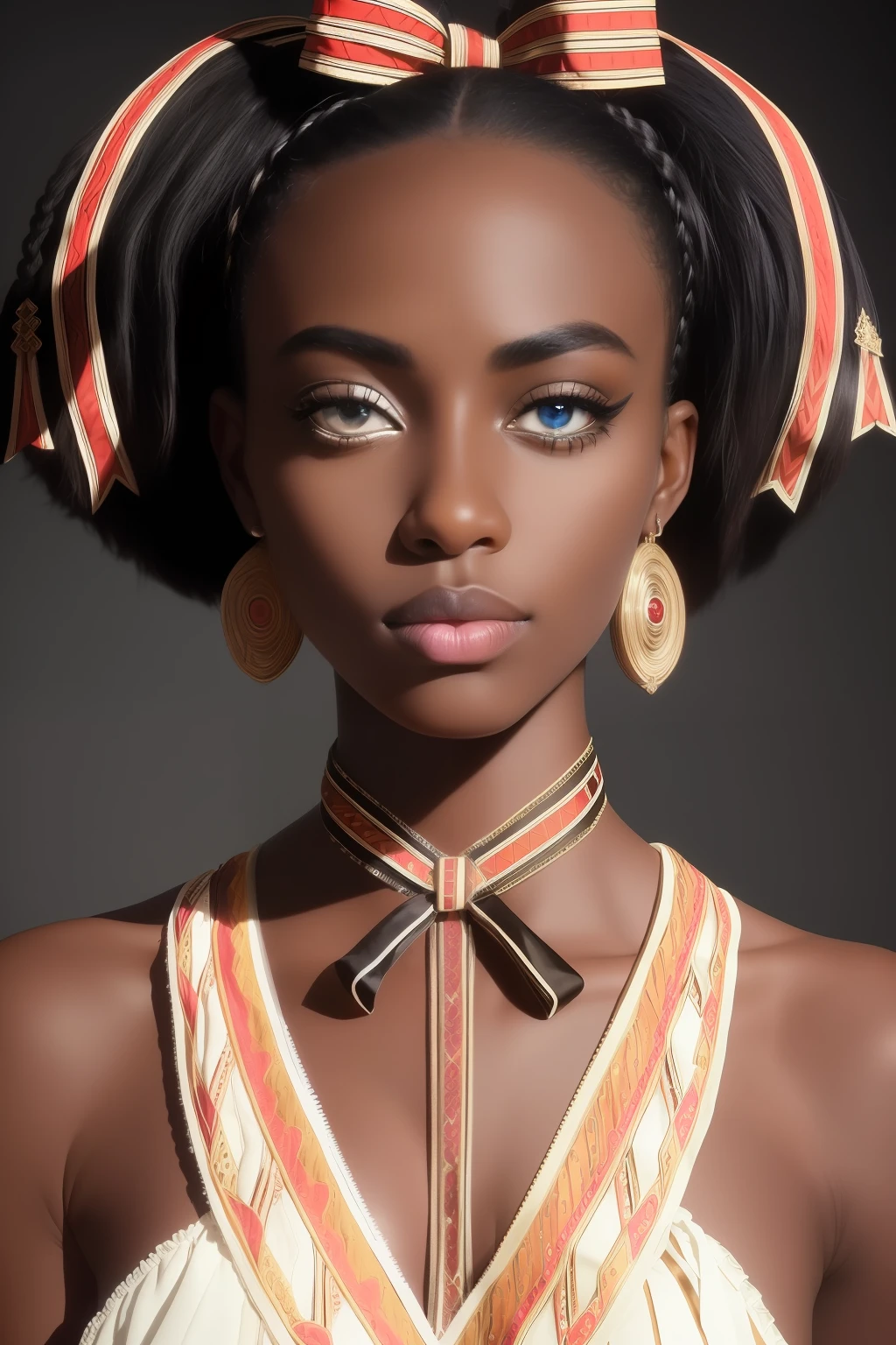 analog style, realistic, award-winning photo,(symmetric highly detailed eyes, fantastic eyes, intricate eyes:1.1), detailed background, full body, wide angle, beautiful 20 year old girl,  African American, dark skin, skinny, ribbon braid,  flat chest, tiktok, instagram, ribbons