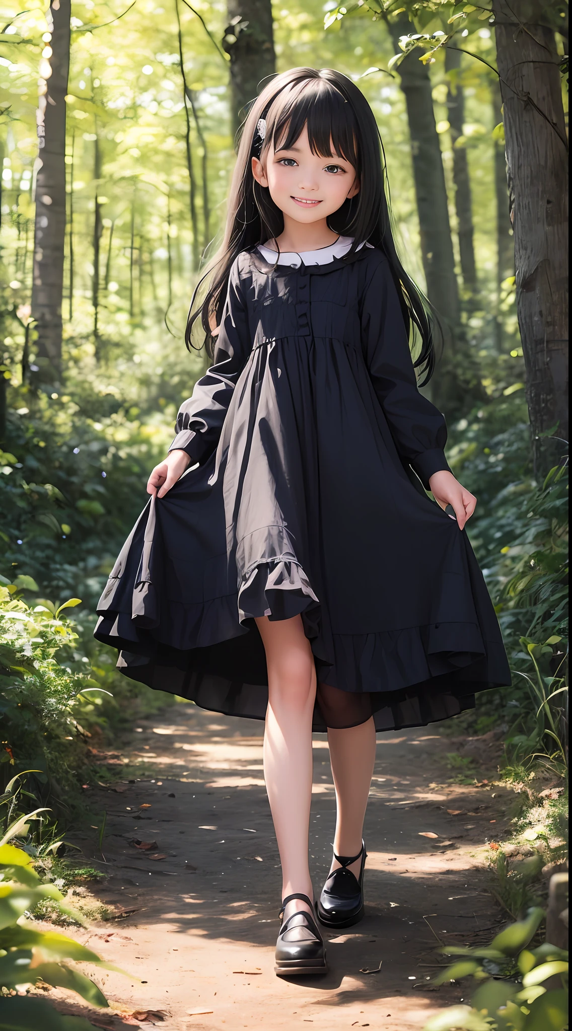 An 8--old l wearing a long dress，in the enchanted forest，Long black hair，Full body photo，having fun，ssmile，Simple clothes，PIXAR style，ssmile。