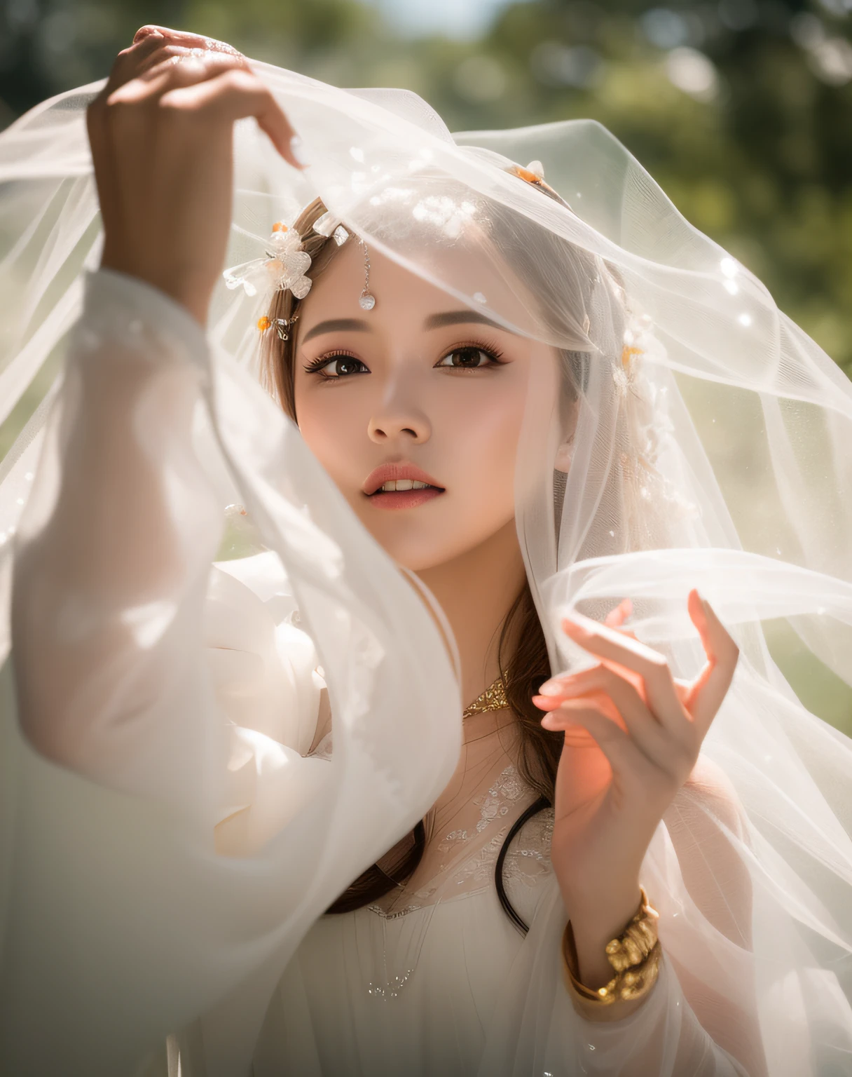 There was a woman in a wedding dress holding a veil, wearing translucent veils, light yarn, white transparent veil, Wearing a veil, Bride, portrait shooting, Wearing a wedding dress, White veil, Transparent veil, veil and jewelry, Ethereal beauty, close up portrait shot, shaxi, wearing translucent sheet, a stunning young ethereal figure