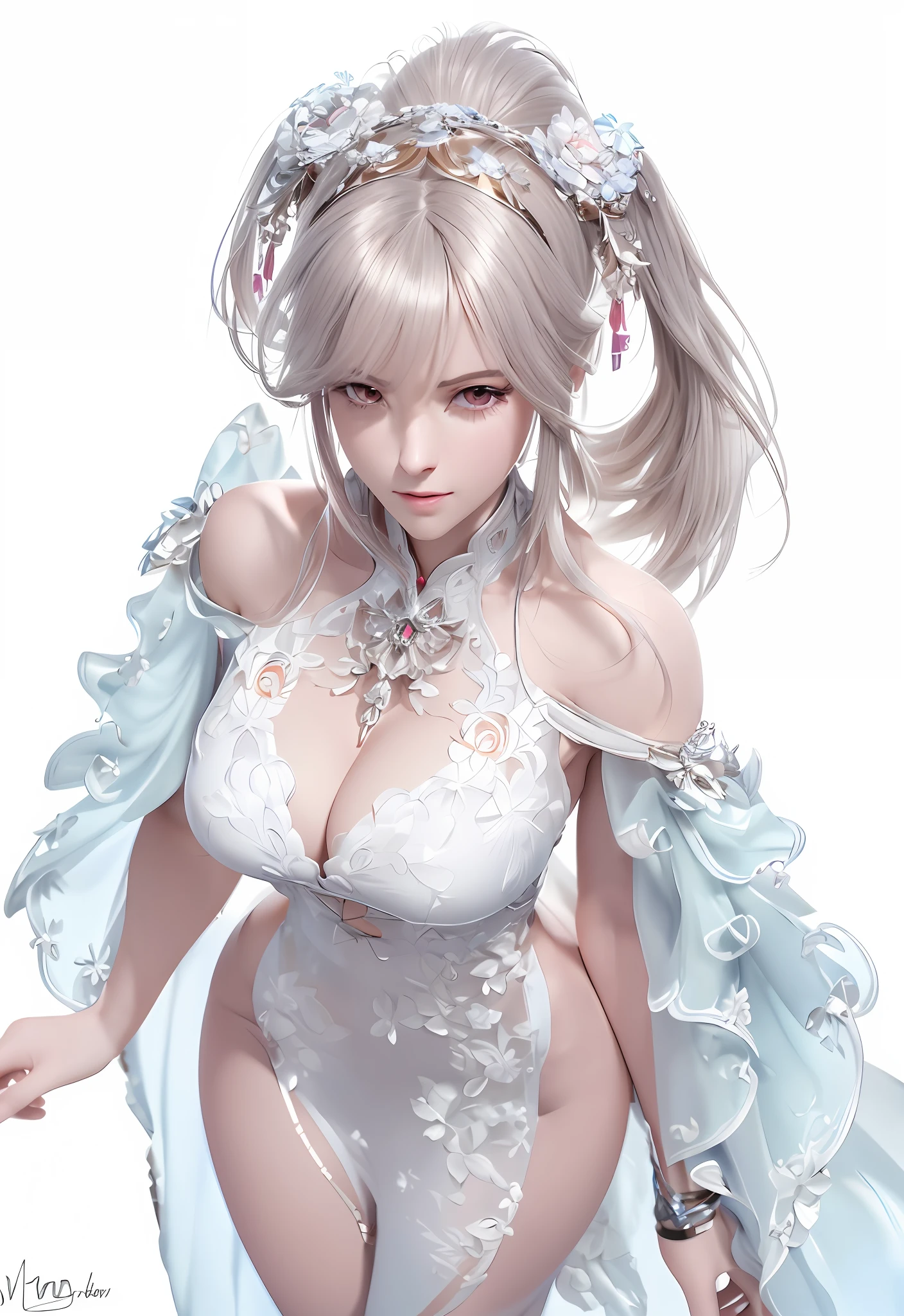 Arad woman in white dress，Wear a tie，Wearing a flower crown, Guviz, render of april, trending on cgstation, 3 D rendering character art 8 K, beautiful and seductive anime woman, 8K high quality detailed art, Guweiz in Pixiv ArtStation, Guweiz on ArtStation Pixiv, guweiz masterpiece