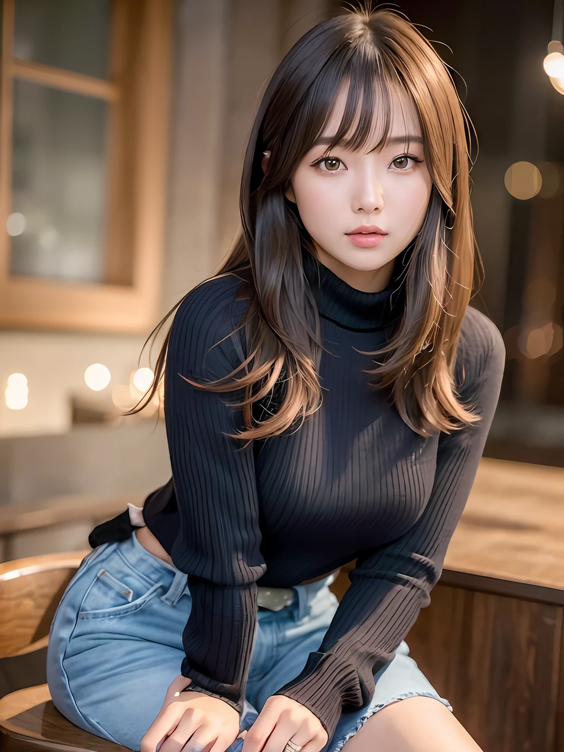 Product quality, 1 girl per 1 photo, Cowboy shot, Front view, a Japanese young pretty girl, Long Bob hair, Wear a wedding ring, At night, Enjoy a splendid dinner in a crowded luxury restaurant in the UK, Wear a black knitted turtleneck sweater with long sleeves, wearing a denim pants, sit on chair, Beer on the table、Meat and vegetables, hyper cute face, Glossy lips, double eyelids for both eyes, Natural makeup, Shiny smooth light brown hair,Long Bob hair, Asymmetrical bangs, Tanned skin, central image, 8K resolution, High detail, Detailed hairstyle, Detailed face, Cinematic lighting, Octane rendering, Ultra photo realsisim, Perfect limbs, Perfect anatomy