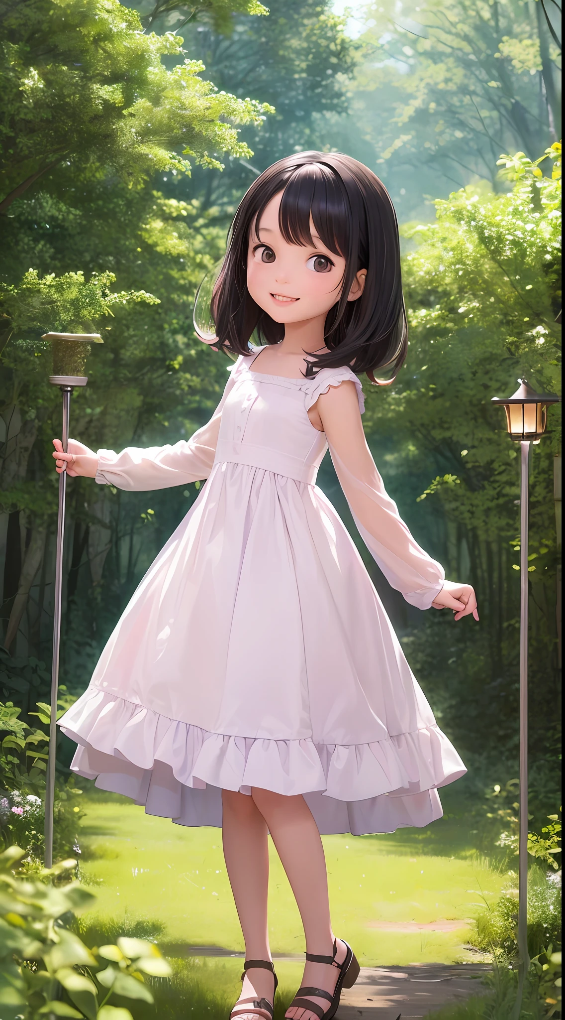 An 8-year-old girl wearing a long dress，in the enchanted forest，ccurateblack hair，having fun，ssmile，Simple clothes，PIXAR style，ssmile。