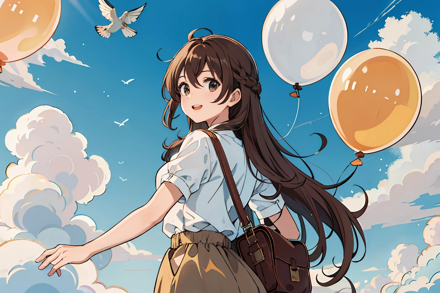 (Best quality, Masterpiece),Sunny，Broad lens，Skysky，Hydrogen balloon flight，(Brown hair long)，Lively cute girl with long brown hair，Fly in the sky，Fly in the sky with a balloon，laughing very happily，rural style