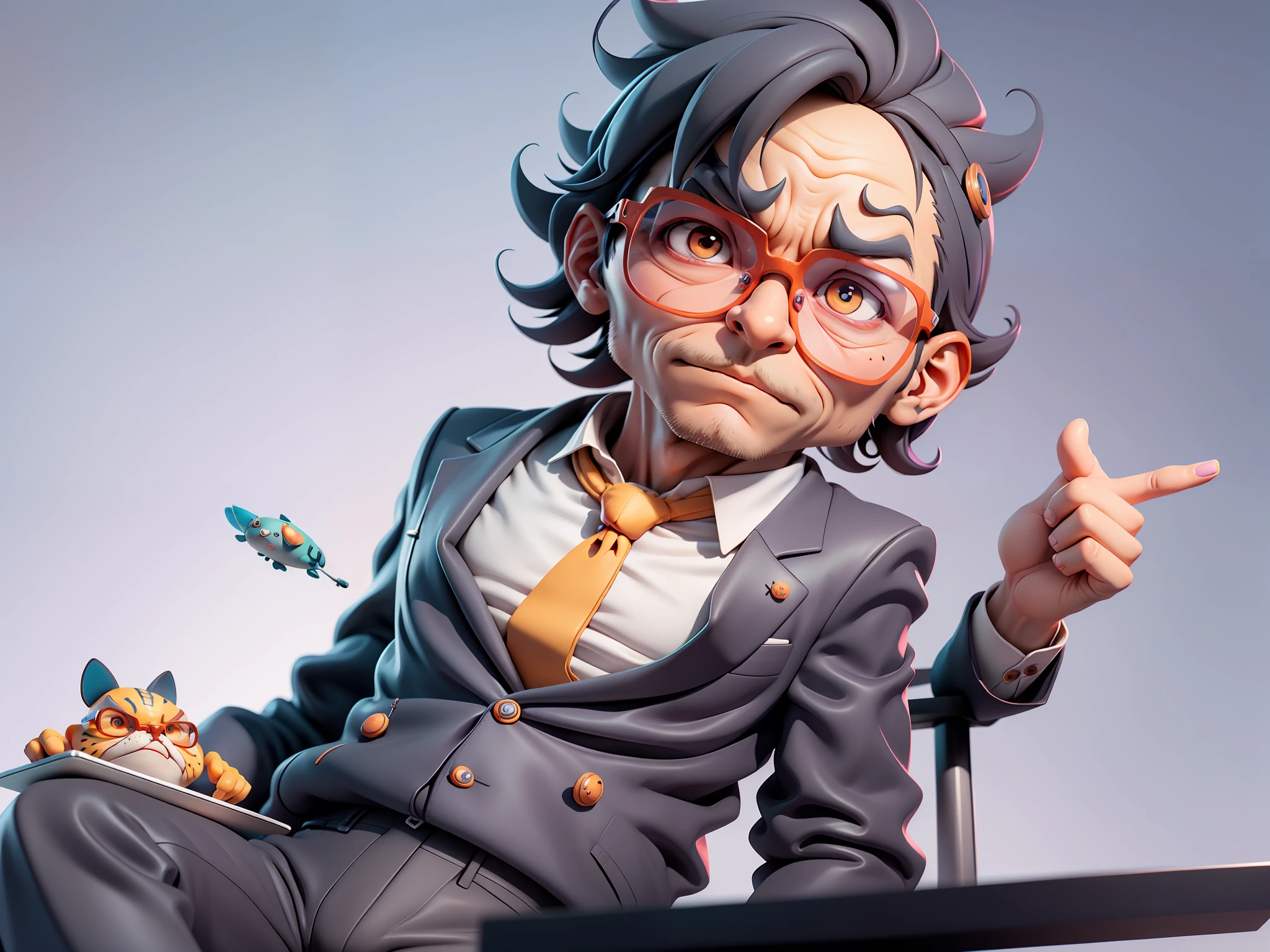 A young man in a suit, Short hair and glasses sat at his desk，holding laptop，digitial painting，tigre，3D character design by Mark Clairen and Pixar and Hayao Miyazaki and Akira Toriyama，4K HD illustration，Very detailed facial features and cartoon-style visuals。