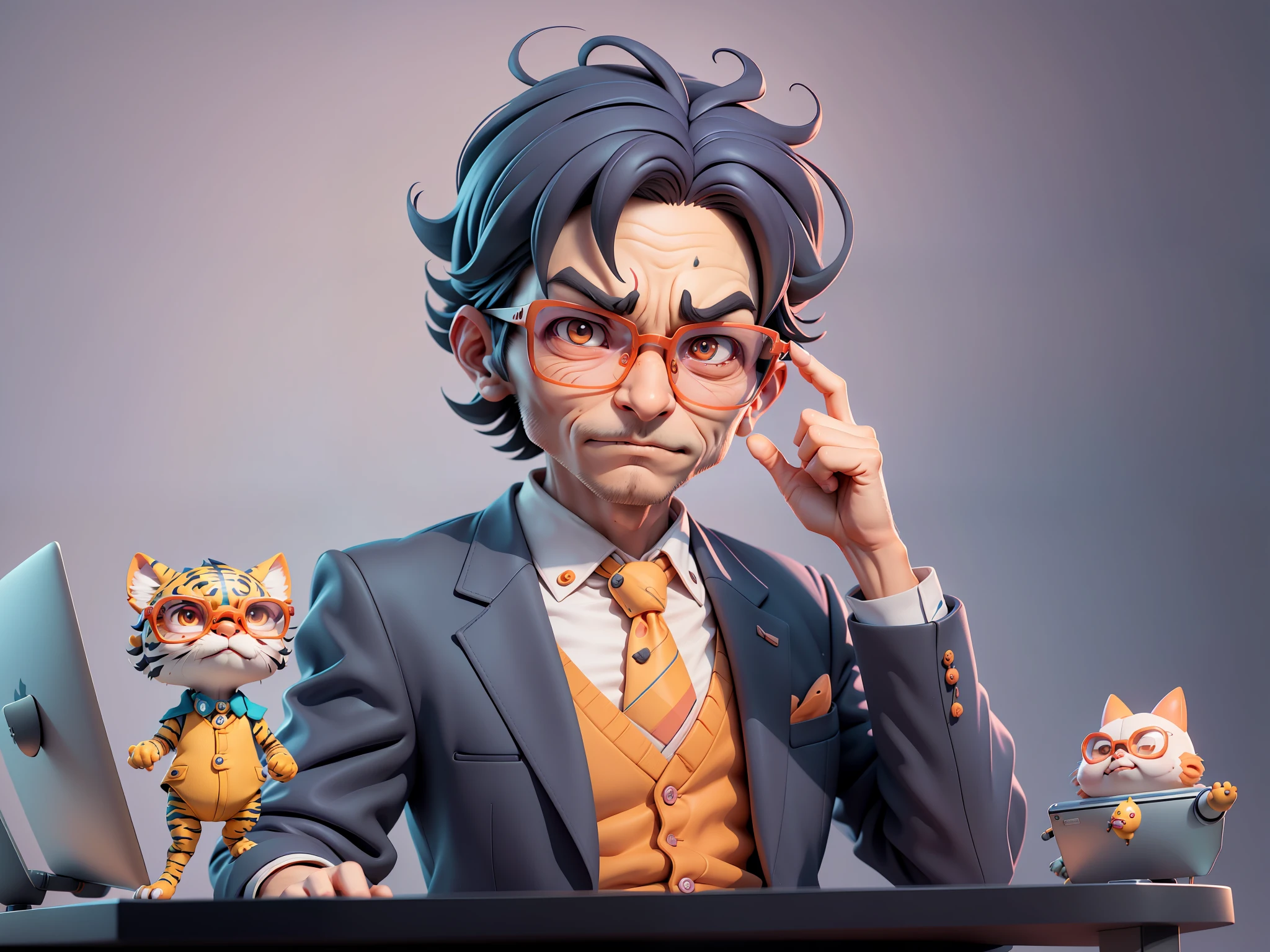 A young man in a suit, Short hair and glasses sat at his desk,holding laptop,digitial painting,tigre,3D character design by Mark Clairen and Pixar and Hayao Miyazaki and Akira Toriyama,4K HD illustration,Very detailed facial features and cartoon-style visuals。