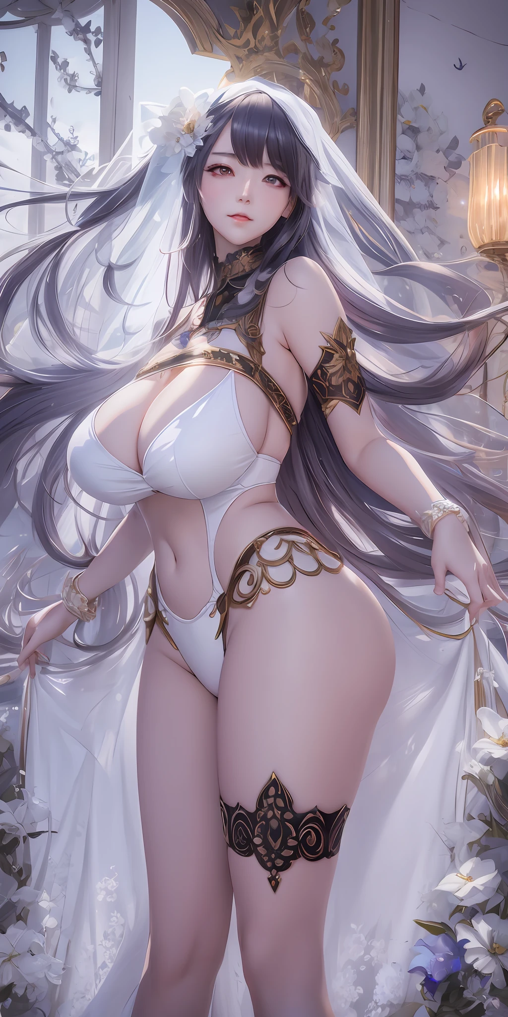 Anime girl wearing white dress，Long hair and veil, Anime goddess, Guweiz on ArtStation Pixiv, WLOP and Sakimichan, Extremely detailed Artgerm, Guweiz in Pixiv ArtStation, Detailed digital anime art, guweiz masterpiece, seductive anime girls, thicc, 8K high quality detailed art