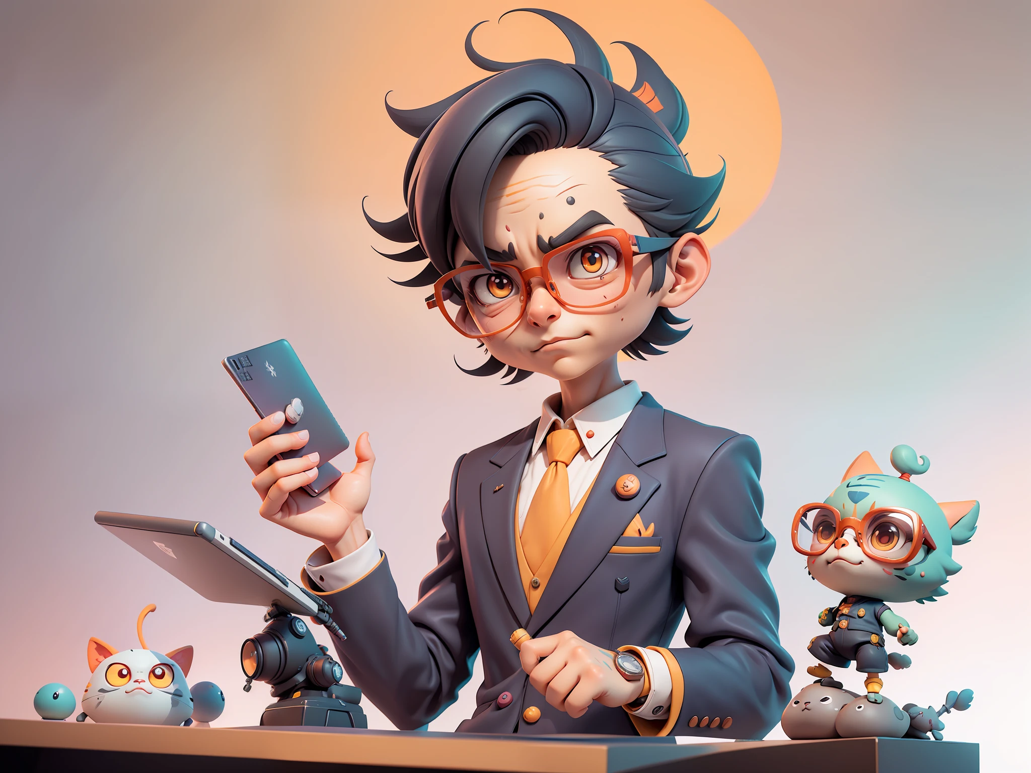 A young man in a suit, Short hair and glasses sat at his desk,holding laptop,digitial painting,tigre,3D character design by Mark Clairen and Pixar and Hayao Miyazaki and Akira Toriyama,4K HD illustration,Very detailed facial features and cartoon-style visuals。