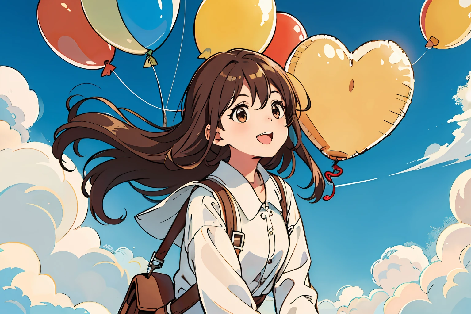 (Best quality, Masterpiece),Sunny，Broad lens，Skysky，Hydrogen balloon flight，(Brown hair long)，Lively cute girl with long brown hair，Fly in the sky，Fly in the sky with a balloon，laughing very happily，rural style