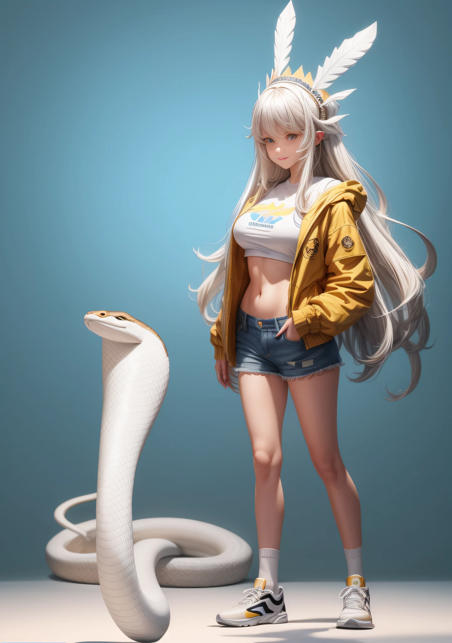 (White gradient background:1.6),(in a panoramic view:1.2,full bodyesbian:1.2),1个Giant Breast Girl,anatomy correct,There is a cobra next to it,(denim short,grey socks,small vest,Yellow coat,White shoes),smallunderboob,Serpentine headdress,long whitr hair,ssmile,(The snake box is printed on clothes and socks:1.6),perfectly proportions,extremelydetailedface,(Best quality at best,high detal,tmasterpiece,offcial art,movie light effect,4K)