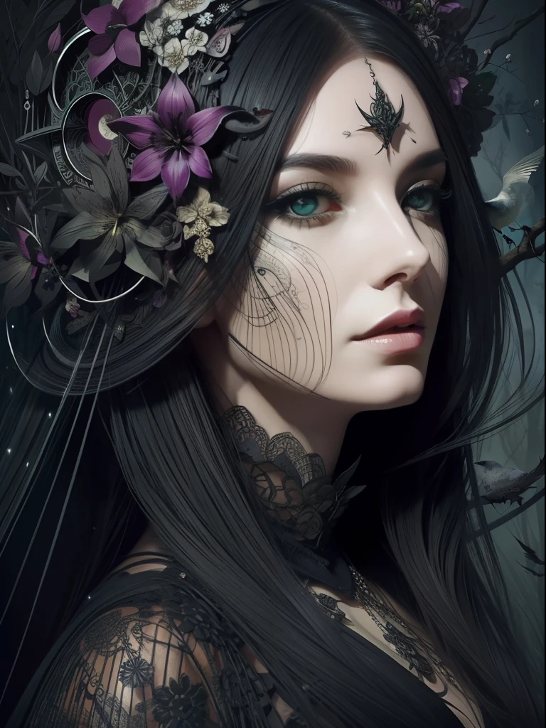 Surreal Witchcraft: An abstract character portrait of a master beautiful and fascinating witch, with her face surrounded by intricate dark flowers, birds and other surreal elements, by Russ Mills