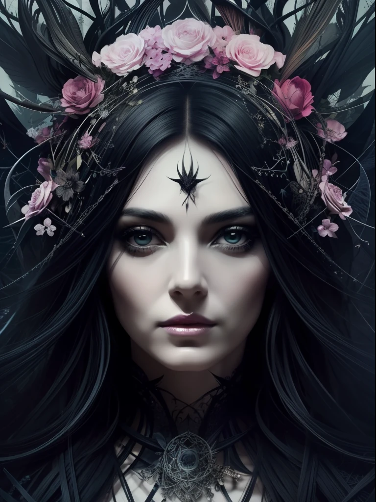 Surreal Witchcraft: An abstract character portrait of a master beautiful and fascinating witch, with her face surrounded by intricate dark flowers, birds and other surreal elements, by Russ Mills