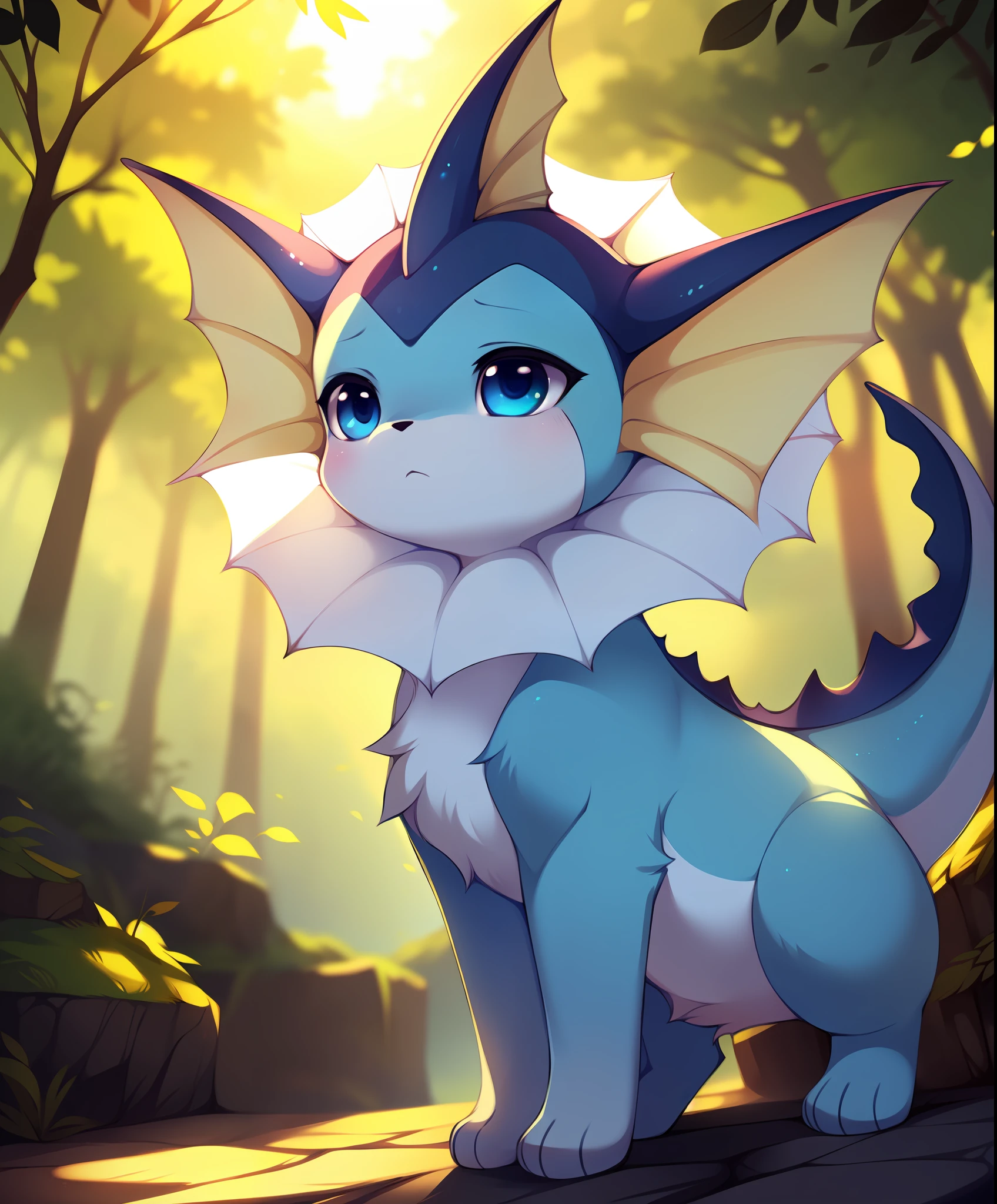 uploaded on e621, ((by Castitas, by Makoto Shinkai, by Hioshiru, by Glacierclear, by Rumiko Takahashi)),
solo chibi (quadruped feral:1.4) ((Vaporeon)) with ((blue violet body)) and ((clear light blue eyes)) and (whale tail), 
(detailed Vaporeon), ((detailed fluffy fur)),
(half-length portrait, looking away, three-quarter view, [low-angle view]:1.2),
BREAK,
(detailed background, depth of field, half body shadow, sunlight, ambient light on the body),
(intricate:0.7), (high detail:1.2), (unreal engine:1.3), (sharp focus:1.1),
[explicit content, questionable content], (masterpiece, best quality, 4k, 2k, shaded, absurd res)