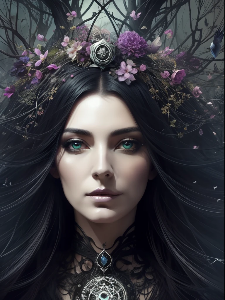 Surreal Witchcraft: An abstract character portrait of a master beautiful and fascinating witch, with her face surrounded by intricate dark flowers, birds and other surreal elements, flowing hair, by Russ Mills