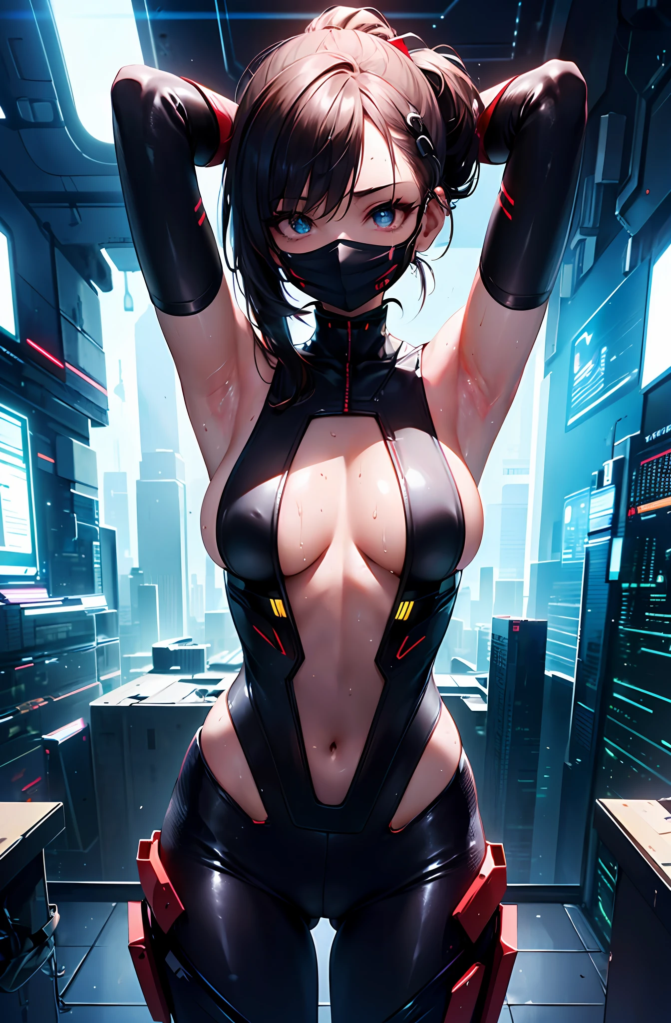 Top quality, super detailed, Super detailed details, fine detail, incredibly beautiful, transcendent beautiful girl, (masterpiece eyes:1.5), (sleeveless exoskeleton bodysuit:1.3), sweat skin, (red long hair, ponytail), (exposed sideboob, exposed armpits, exposed groin), cowboy_shot, side focus, shiny, Flat_Chest, Huge_breasts, wide_lower back, (arms behind head, armpits), open stance, (cyber tech punk mouth mask:1.2), cyber punk city,