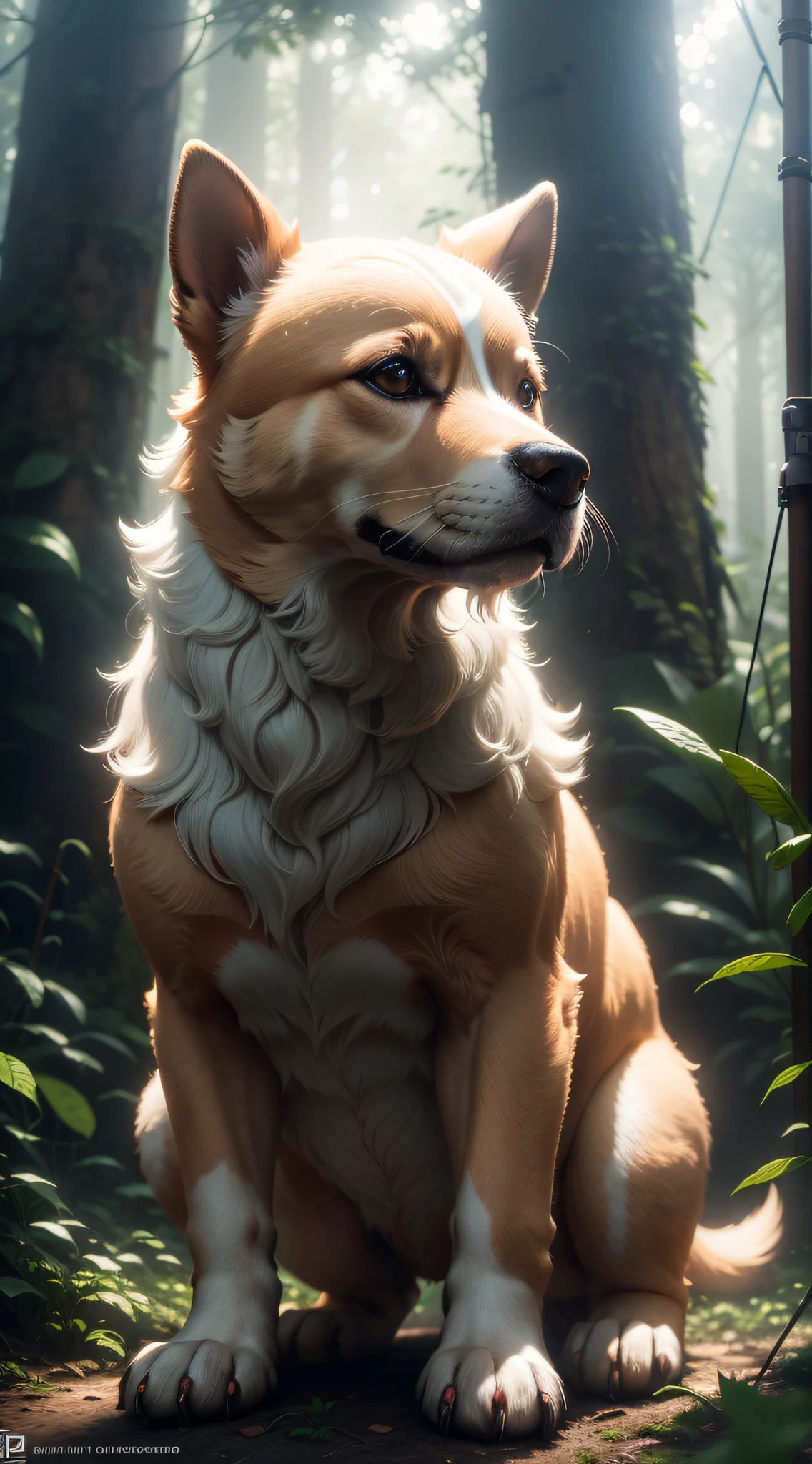 foto em close de um cachorrinho com asas pulando muito fofo na floresta, soft volumetric lights (retroiluminação: 1.3), (kinematics: 1.2), detalhes intrincados (ArtStation: 1.3), Rutkowski