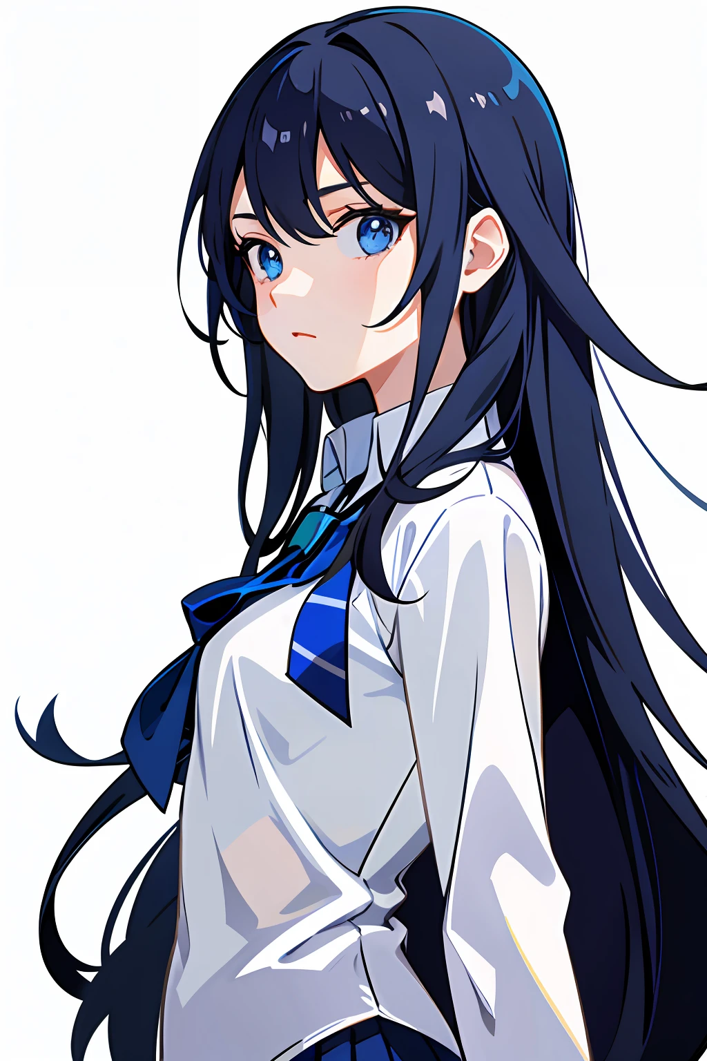 1girl, simple background, small breasts, casual uniform, blue eyes, blue long hair, ((looking at viewers)), upper body,