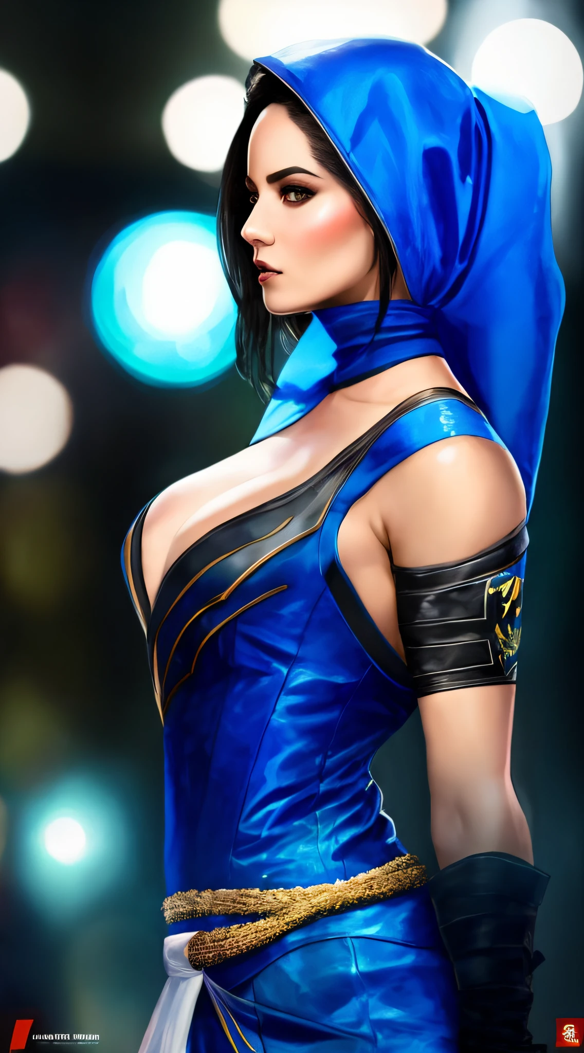 ((uma mulher)), ((com traje de Kitana, por Mortal Kombat 2)), (inspirada em Adeline Rudolph:1.2), in a ring fight scenario, foto de corpo inteiro, Photo taken from low angle to top, foco nítido, soft-lighting, melhor qualidade, 8k UHD, DSLR, grain of film, (fotorrealista:1.2)