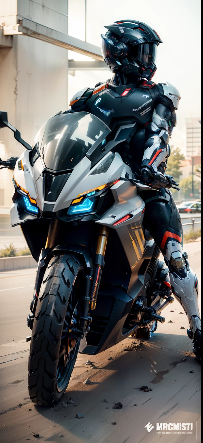 Handsome network, Handsome warrior, Full body mecha,Information mechanical motorcycle,High-tech black high-tech helmet,Nousr, Biomechanicals, MSHN Robot Man,High-tech helmet,hyper realisitc, Steel, Complex design, insanely details, finely detailled, Extremely clear lines, cinmatic lighting, photograph realistic, A detailed masterpiece