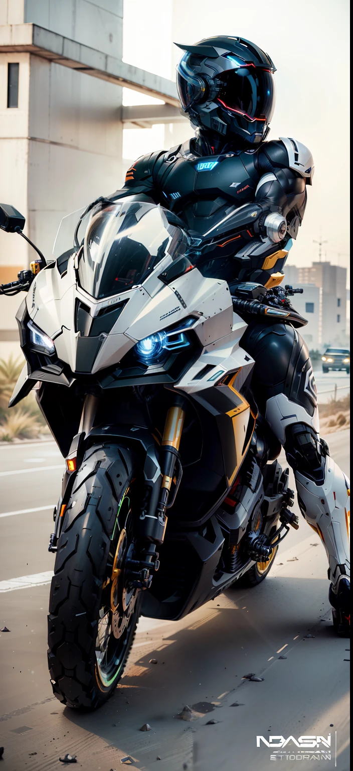 Handsome network, Handsome warrior, Full body mecha,Information mechanical motorcycle,High-tech black high-tech helmet,Nousr, Biomechanicals, MSHN Robot Man,High-tech helmet,hyper realisitc, Steel, Complex design, insanely details, finely detailled, Extremely clear lines, cinmatic lighting, photograph realistic, A detailed masterpiece