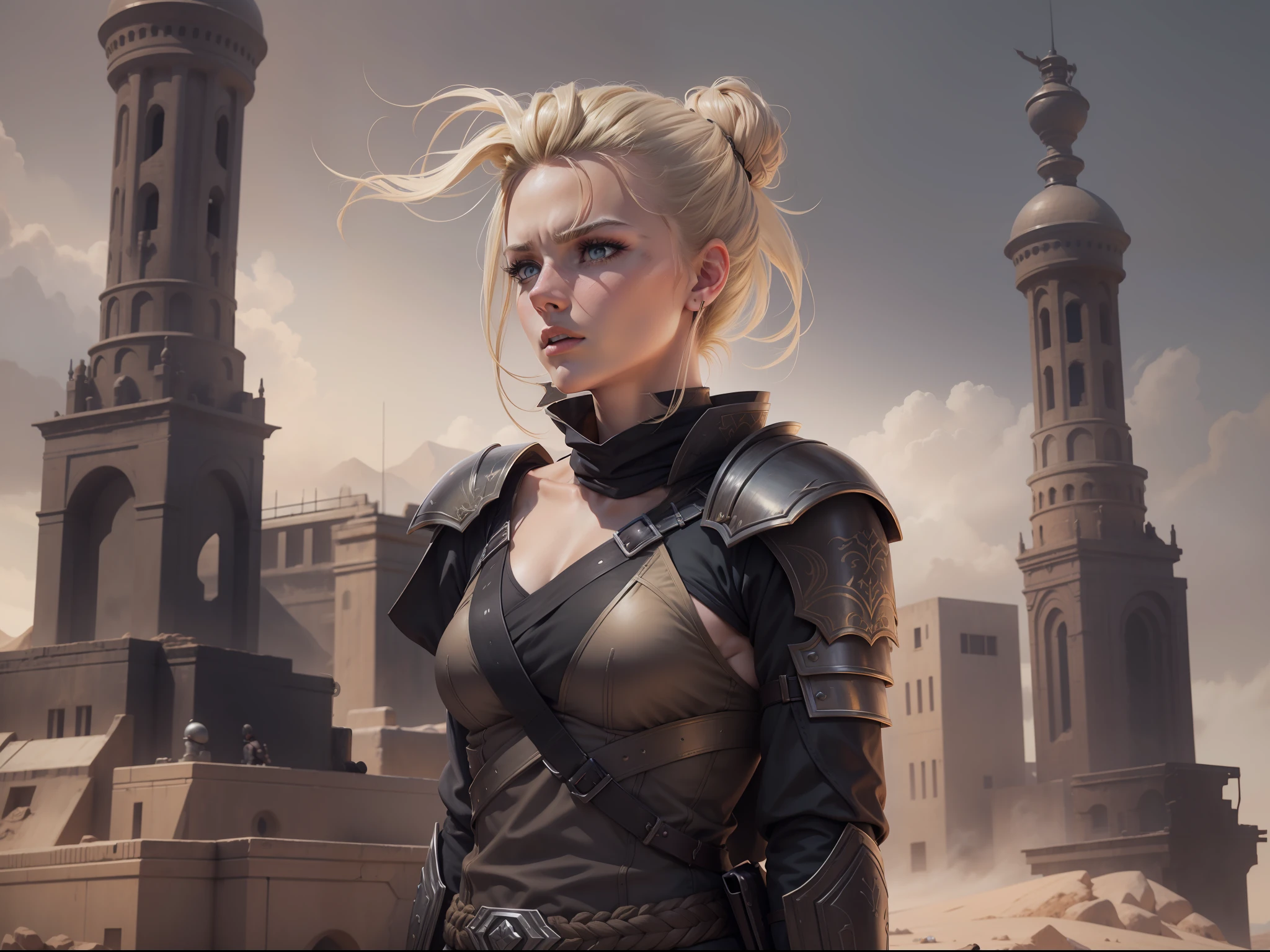 realistic image of beautiful blonde woman, light eyes, strong, severe bun hairstyle, dressed in black RPG warrior clothes with silver shoulder pads, tired expression, on top of a tall building in a desert town in brown tones