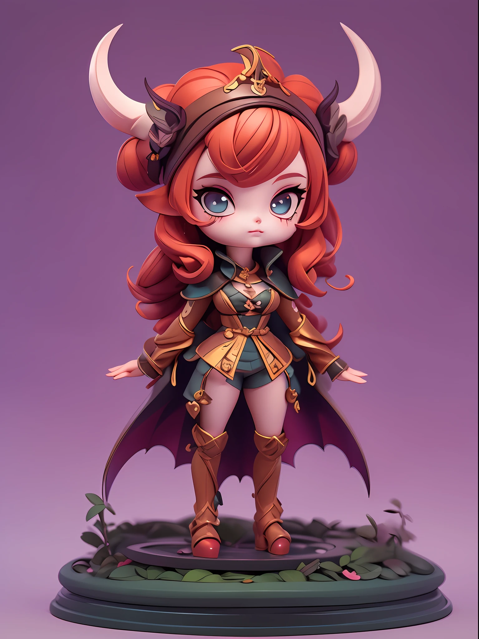 (Blind box toy style，European and American cartoon Q version),  1 Beautiful female succubus（big headed、redheadwear、Bat wings），Cute full body portrait，slender figures，Full body standing painting，cartoon character，medieval times，3Drenderingof，cinmatic lighting，Ray traching