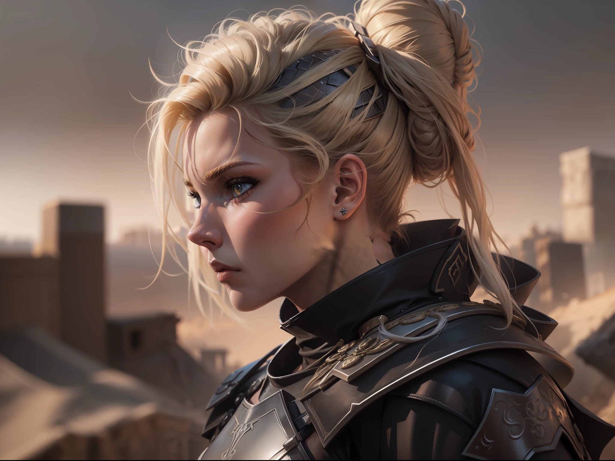 realistic image of beautiful blonde woman, light eyes, strong, severe bun hairstyle, dressed in black RPG warrior clothes with silver shoulder pads, tired expression, on top of a tall building in a desert town in brown tones