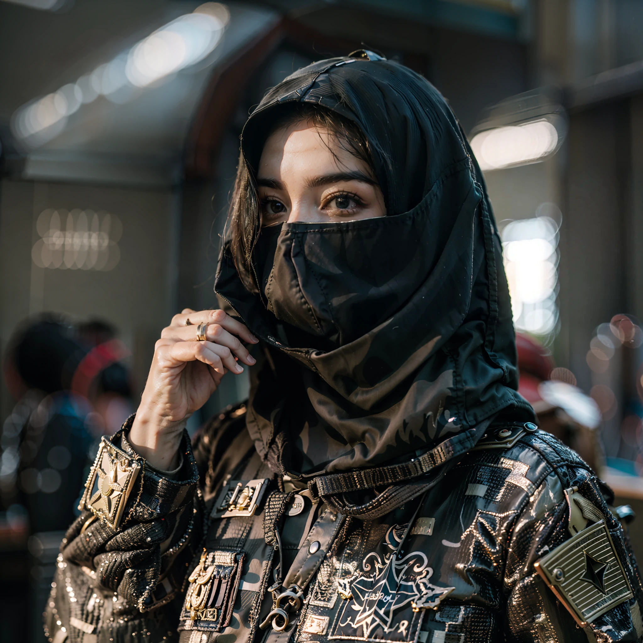 in a panoramic view，photorealestic，8K，Cyberpunk Arabian style，Arab Luxury Women's Military Academy，Luxurious décor，Fabric decoration，Weapon decorations， army car，fighter jets，helicoptere，Three beautiful Arab officers，Wearing the uniform of a modern Arab officer，Covered with an Arabian burqa（Burqa），Arabic hijab（hijabi sluty），Arabian veil（niqab），Black hood，Black mask，bound waist，masked，Only the eyes are exposed，Sharp eyes，Stand in a row at the military academy，Holding the military flag，All masked，Perfectcomposition，professinal，Meistwick，commissioned，best qualtiy，color corrected，After fixation，Retouching，Improvement，Epic，Tone-mapping，the detail， highly  detailed， digitial painting， art  stations， Conceptual map of the long dam， Smoothness， Sharp focus， Beautiful illustration， photore， The light from the back window is backlighted， 动态照明， Mist， 复杂， cinematic grain， professinal， face to the viewer，（Beautiful m3d_woman， Perfect M3D_face,）， Volumetriclighting， subsurfacescattering， Good highlights， Good shadows， cinematic ligh