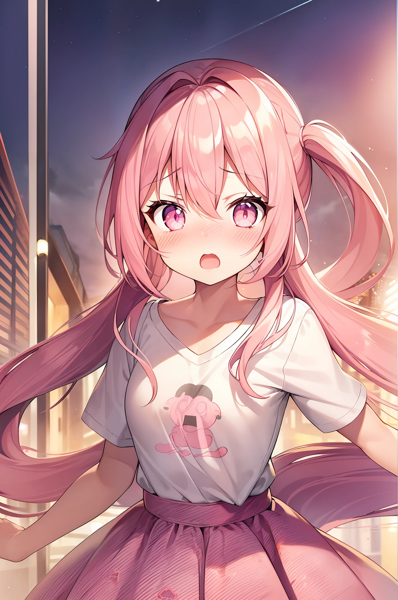 1girl. pink hair.long hair.twintails.{li}.short stature.small breast.white t-shirts.skirt. (((masterpiece))).(((best quality))).)((ultra-detailed))).(((illustration))).(((night view))).((blush)).((Opening Mouth)).((Open your eyes)).((Surprised face)).