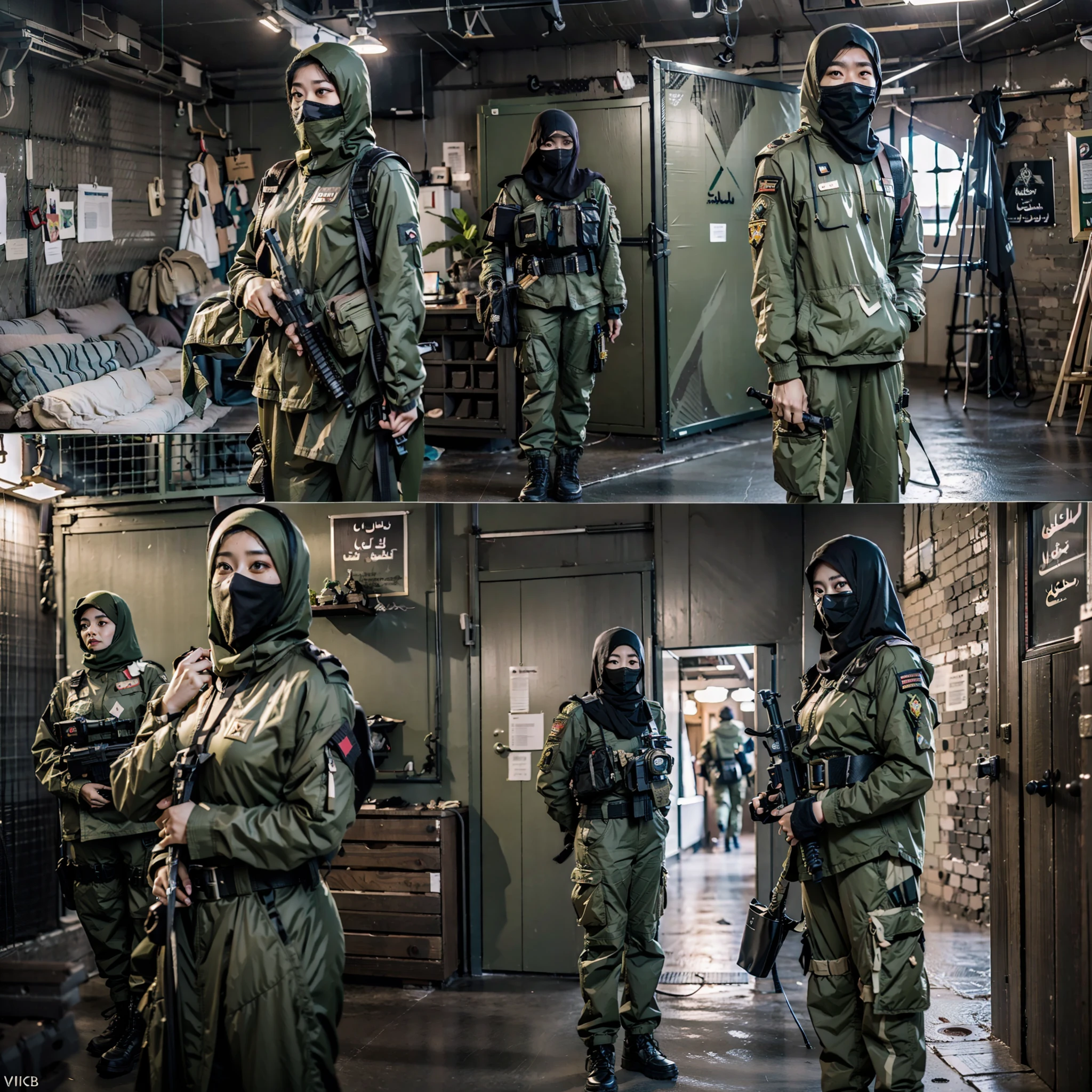 in a panoramic view，photorealestic，8K，Cyberpunk Arabian style，Arab Luxury Women's Military Academy，Luxurious décor，Fabric decoration，Weapon decorations， army car，fighter jets，helicoptere，Three beautiful Arab officers，Wearing the uniform of a modern Arab officer，Covered with an Arabian burqa（Burqa），Arabic hijab（hijabi sluty），Arabian veil（niqab），Black hood，Black mask，bound waist，masked，Only the eyes are exposed，Sharp eyes，Stand in a row at the military academy，Holding the military flag，All masked，Perfectcomposition，professinal，Meistwick，commissioned，best qualtiy，color corrected，After fixation，Retouching，Improvement，Epic，Tone-mapping，the detail， highly  detailed， digitial painting， art  stations， Conceptual map of the long dam， Smoothness， Sharp focus， Beautiful illustration， photore， The light from the back window is backlighted， 动态照明， Mist， 复杂， cinematic grain， professinal， face to the viewer，（Beautiful m3d_woman， Perfect M3D_face,）， Volumetriclighting， subsurfacescattering， Good highlights， Good shadows， cinematic ligh