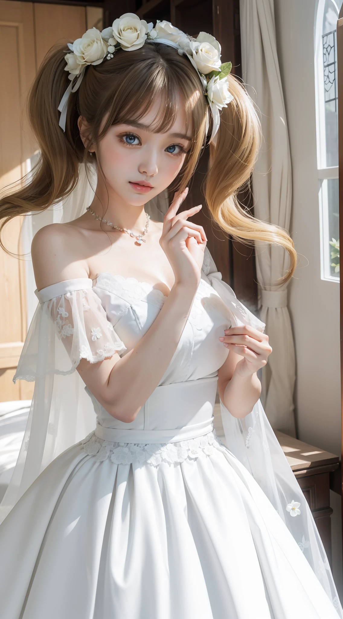 Best quality at best，超高分辨率，（真实感：1.4），（beuaty girl：1.4），Detailed facial details，Beautiful detailed eyes，Light yellow hair，coiffed blonde hair，light blue  eyes，Slim，Wearing a white and blue wedding dress，White wedding headscarf，haunting smile，Behind it is a cluster of white roses，chapel windows，Very meticulous clothes，Young and cute Korean face，with a round face，heart - shaped face，barbara（Genshin Impact），plain face，Real hands，anatomy correct，Qi bangs，Thick bangs，M bangs