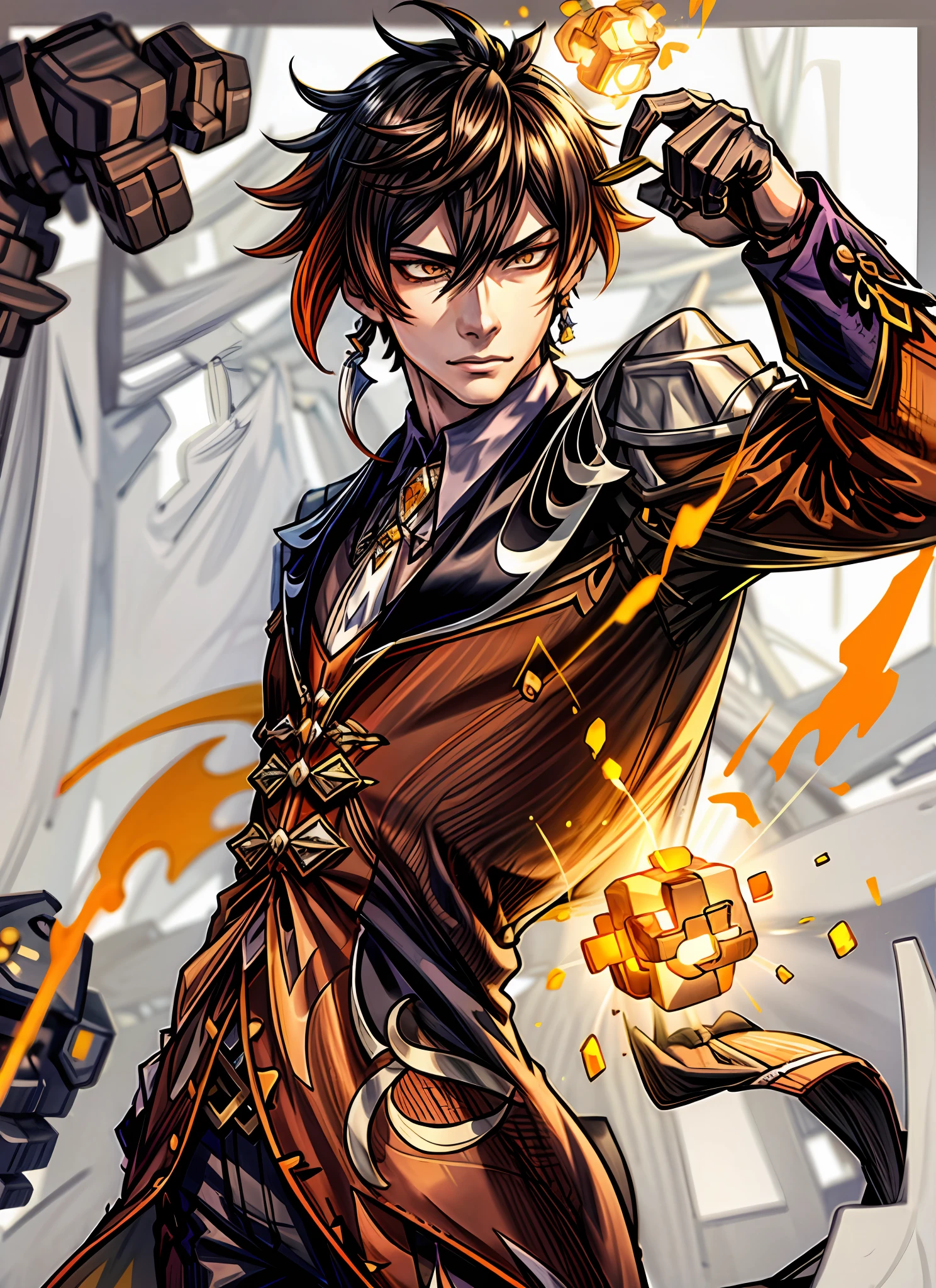 tmasterpiece,best qualtiy,8K,art stations,the wallpaper,offcial art,splashart,tack sharp focus,1 masterpiece, Best quality,Zhongli (Genshin Impact), Long hair, 1 boy solo, Brown hair, single earring, mitts, nipple tassels, bangs, Black gloves, jewelry, Tassel earrings, pony tails, hair between eye, Jacket, Long sleeves, Yellow eyes, shirt, tiese, Collared shirt, formal, suit, floating object,复杂,ellegance,(Solo exhibition)