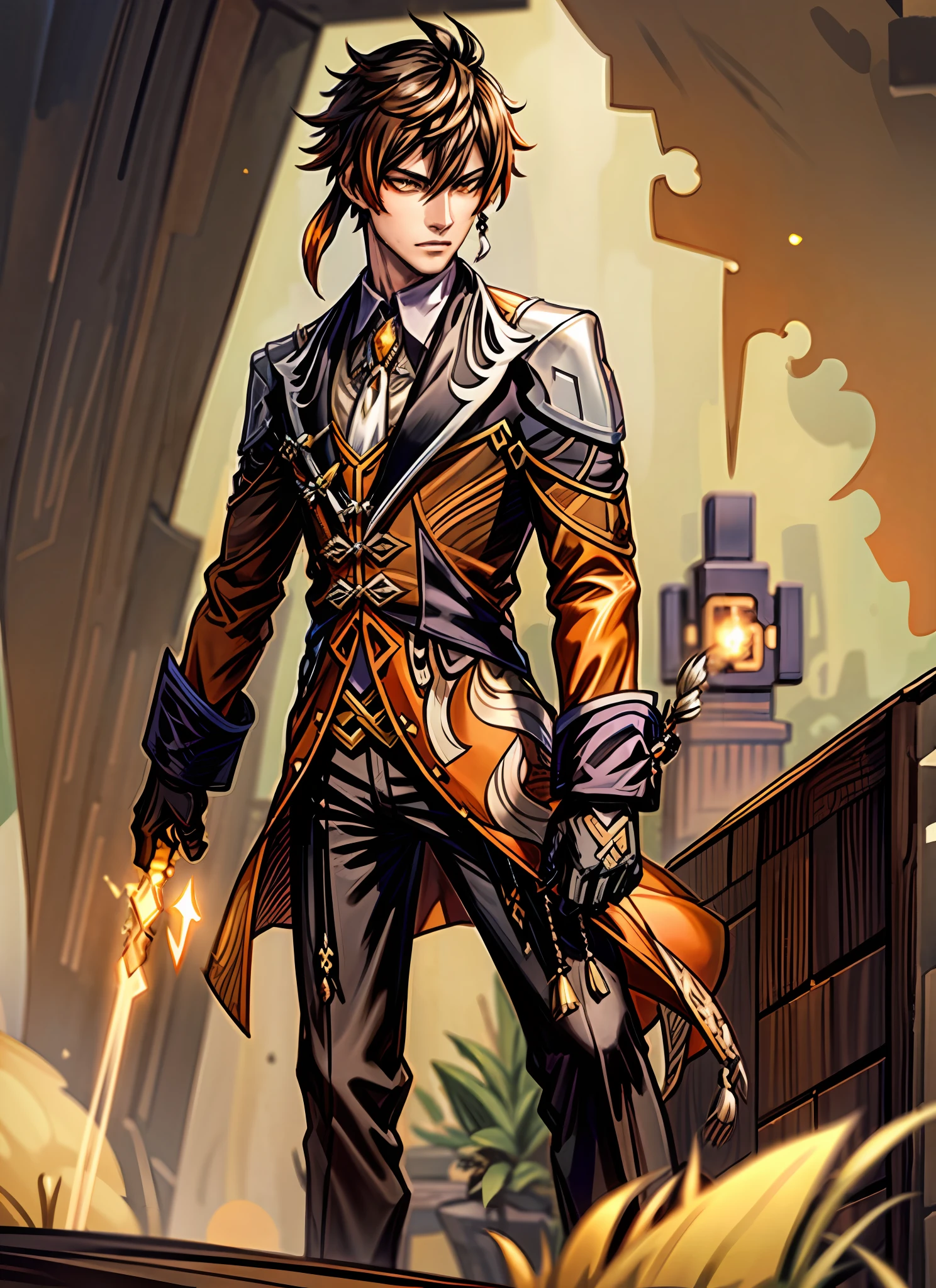 tmasterpiece,best qualtiy,8K,art  stations,the wallpaper,offcial art,splashart,tack sharp focus,1 masterpiece, Best quality,Zhongli (Genshin Impact), Long hair, 1 boy solo, Brown hair, single earring, mitts, nipple tassels, bangs, Black gloves, jewelry, Tassel earrings, pony tails, hair between eye, Jacket, Long sleeves, Yellow eyes, shirt, tiese, Collared shirt, formal, suit, floating object,复杂，ellegance，（Solo exhibition）