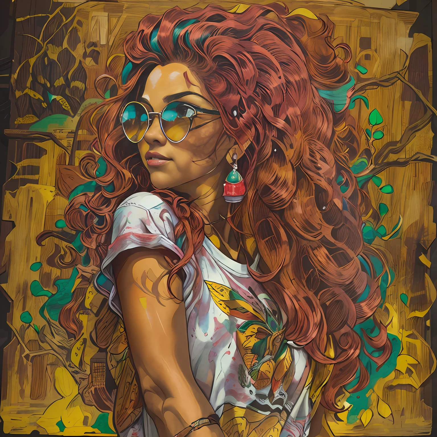 (((obra de arte))), melhor qualidade, illustration detailed, estampa em camiseta, mulher bonita, cabelos coloridos (rosa:1.3), roupas brancas, fundo inspirado nas cores do reggae, fazendo artesanato.