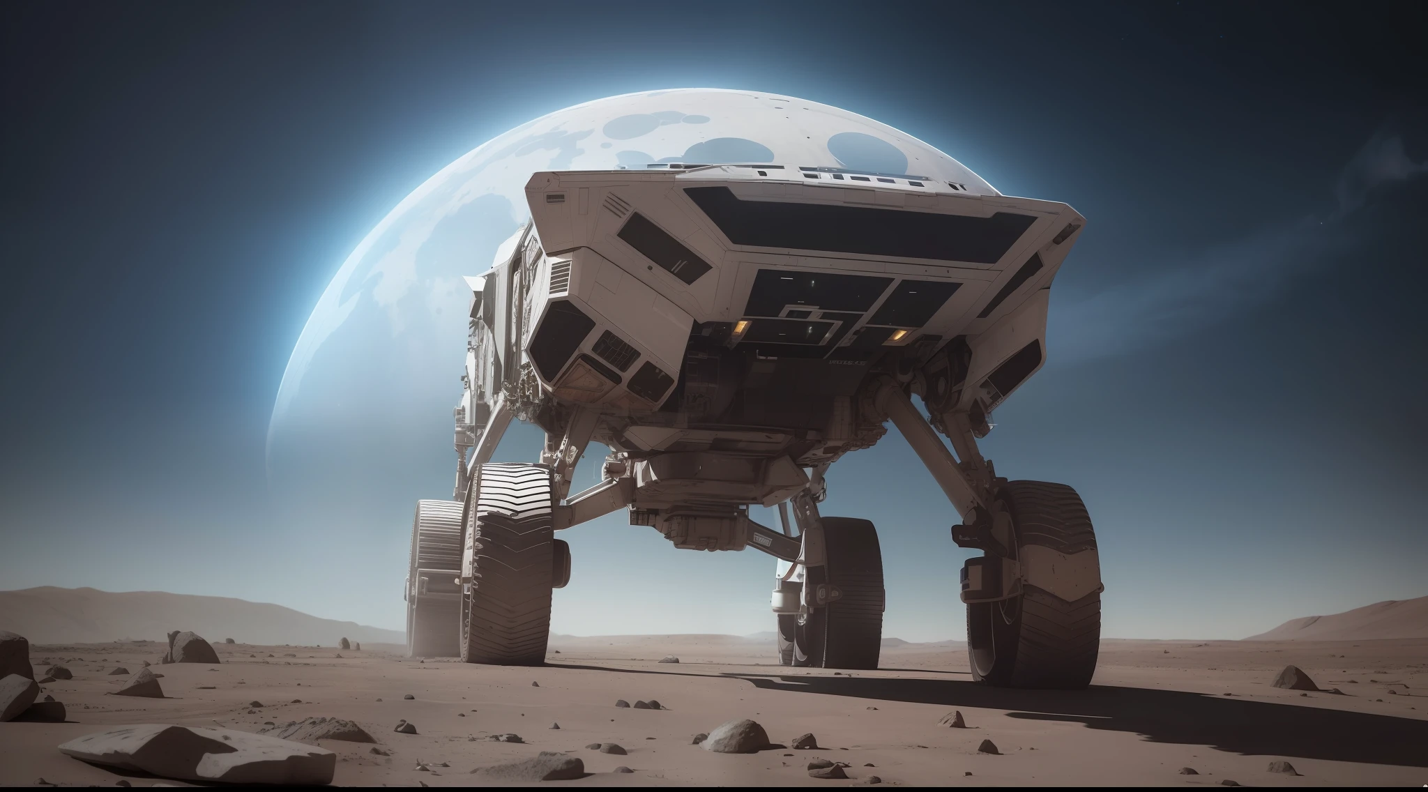 Mecha spaceship，Clear details，Lunar surface，Futuristic，Armageddon，sci-fy，Super huge，Clear patterns on the surface of the building，Strong contrast in size，The vast surface of Mars，Mars rover，space ship，color light，The earth is visible in the sky，Strong contrast，Dark style，Mars rover，Earth in the air，atmospheric feeling，Photoreality，tmasterpiece，hentail realism，Photoreality，hight contrast，8K high-definition，Render the atmosphere，A detailed，ultra - detailed，超A high resolution，(真实感:1.4)，A high resolution，A detailed，richcolors