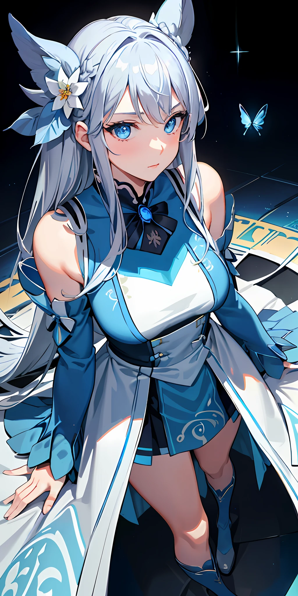 (Overhead view),dynamic angle,ultra-detailed, illustration, close-up, straight on, 1girl, (fantasy:1.4), (azure blue eyes:1.233),Her eyes shone like dreamy stars,(glowing eyes:1.233),(beautiful and detailed eyes:1.1),(Silver hair:1.14),(messy hair,very long hair,french braid,hair between eyes,sidelocks), (+(bule hair flower:1.14)),(chiffon dress,bule flower pattern in uniform)/=(military uniform:1.24),(detached sleeves,wide sleeves),(fingerless gloves),choker,(miko thighhighs),High heeled boots,(expressionless,closed mouth),(standing), (classical Princess boudoir with dressing tableand french windowin a white ancient palaces),(white flowers,bloom),(abysmal sea),(flowing water),(a dull blue world tree:1.14),(ruins),(night:1.2),dreamy,soul,(fluorescence),(flying translucent blue butterflies:1.15), [[delicate fingers and hands:0.55]::0.85],(detail fingers),(yubao:0.5),