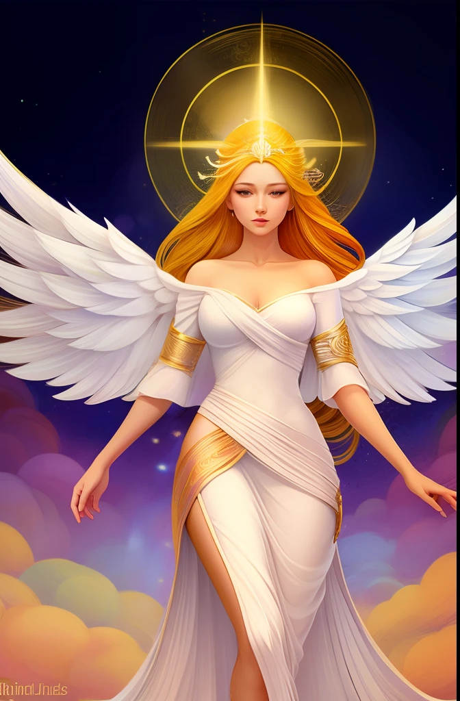 (ethereal)+, (graceful)+, (divine)+, (radiant)+, a celestial being with flowing white robes and shimmering wings, a serene expression on her face, golden halo glowing above her head, surrounded by a soft glow of light, delicate features and a gentle demeanor, conveying a sense of peace and purity, inspiring awe and wonder in those who behold her presence ,coils, illustration, dream