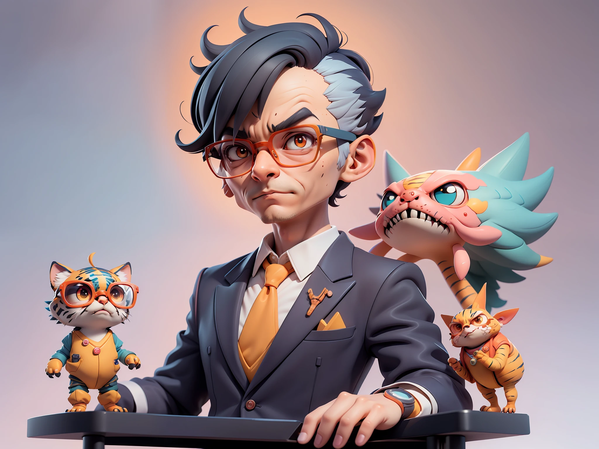 A young man in a suit, Short hair and glasses sat at his desk,holding laptop,digitial painting,tigre,3D character design by Mark Clairen and Pixar and Hayao Miyazaki and Akira Toriyama,4K HD illustration,Very detailed facial features and cartoon-style visuals。