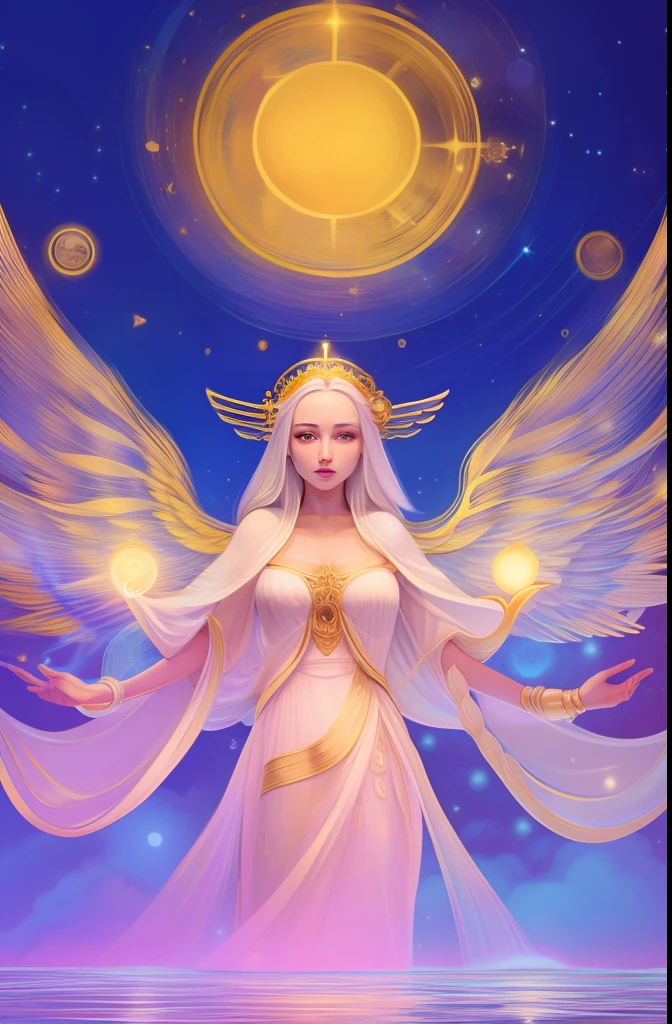 (ethereal)+, (graceful)+, (divine)+, (radiant)+, a celestial being with flowing white robes and shimmering wings, a serene expression on her face, golden halo glowing above her head, surrounded by a soft glow of light, delicate features and a gentle demeanor, conveying a sense of peace and purity, inspiring awe and wonder in those who behold her presence ,coils, illustration, dream